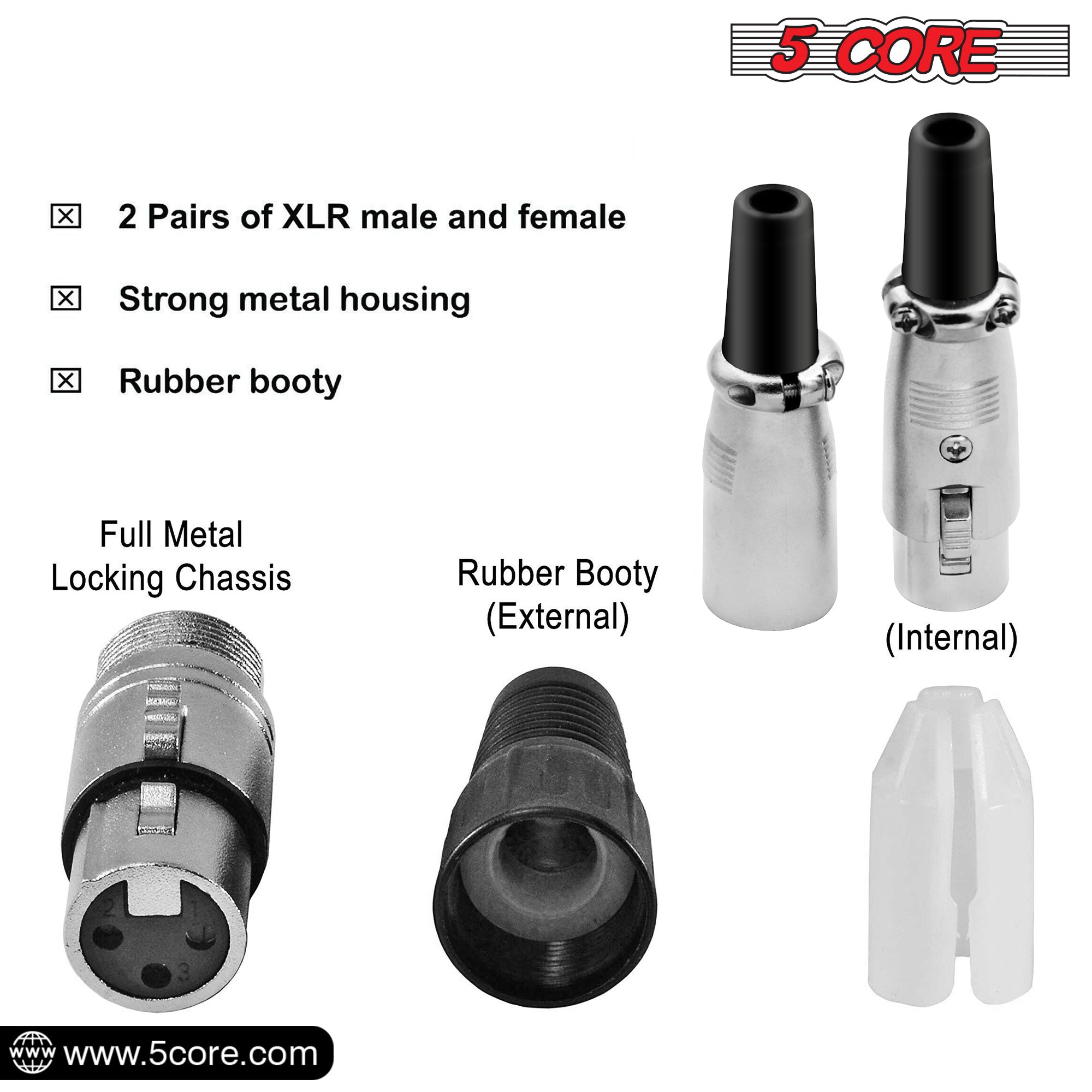 5 Core XLR 3 Pin Female to XLR Male 10Pack • Connector Microphone Line Plug Adapter • w Lock Button