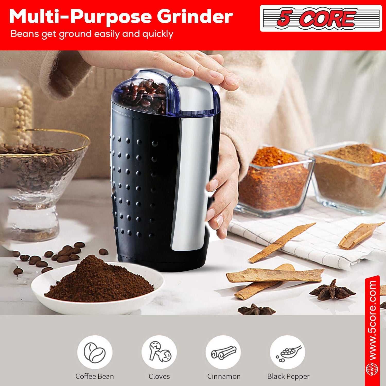 5 Core Coffee Grinder 85 Gram Capacity 150W Electric Bean Spice Grinders Black