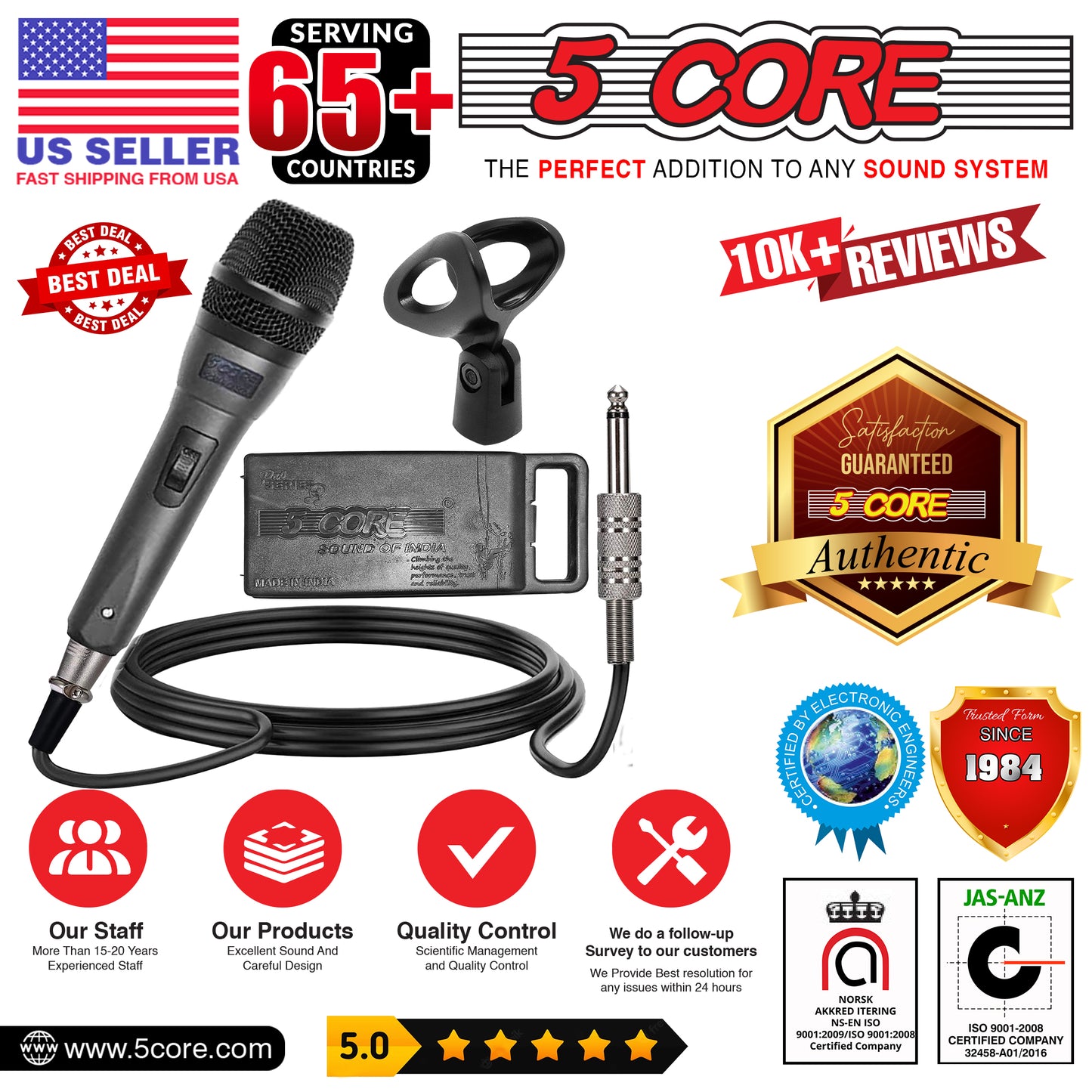 5 Core Professional Dynamic Vocal Microphone - Unidirectional Handheld Mic XLR Karaoke Microphone with ON/OFF Switch Includes 16ft XLR Audio Cable to 1/4'' Audio Jack Included - ND-32 ARMEX