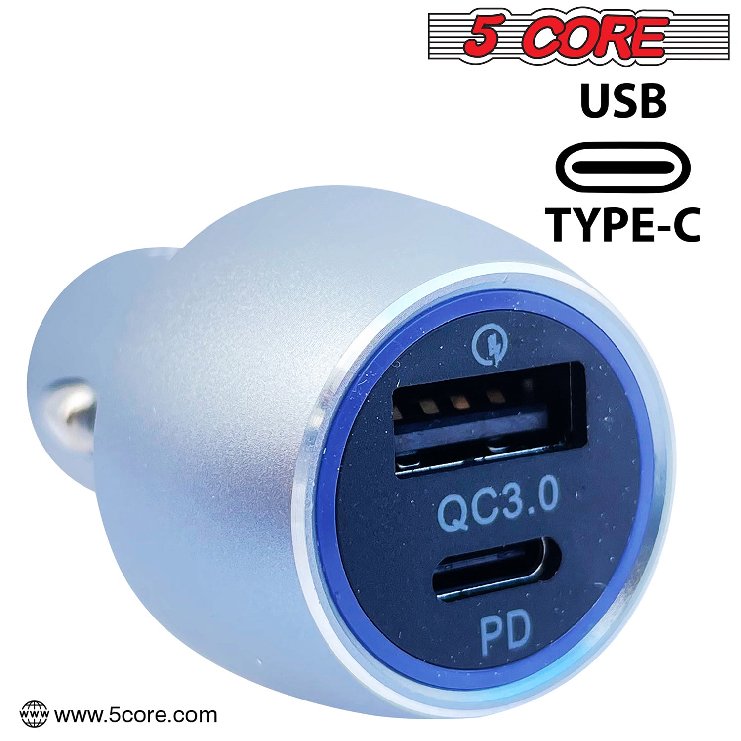 5Core USB Car Charger Cigarette Lighter Adapter 1 USB 1 Type C Port QC 3.0 36W Fast Charging