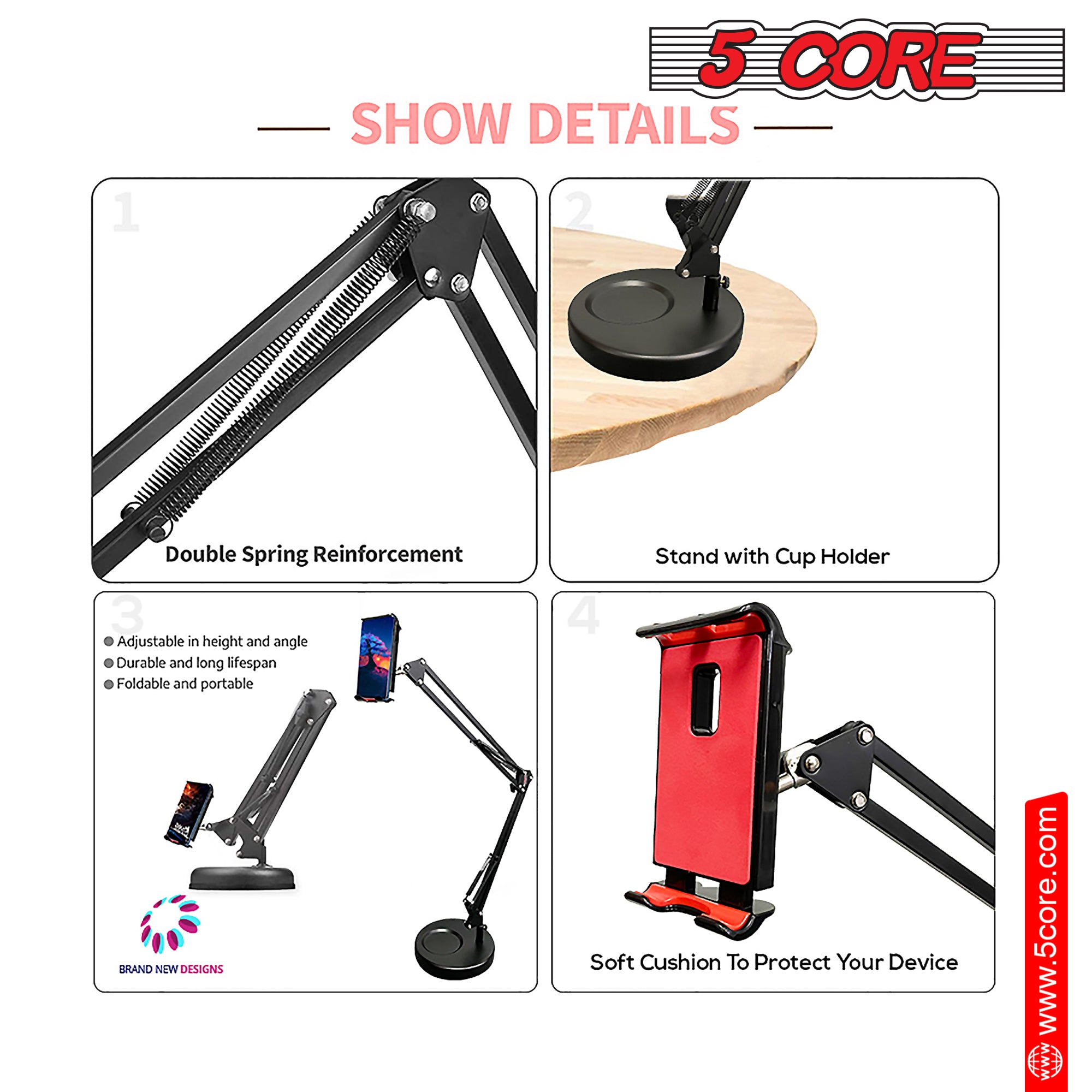 5 Core Tablet Stand Phone Holder iPad Holder for Desk MountUltra Durable 2 Clamps Phone Holder for Samsung Mount 3.5 in to 6.5 in Devices - ARM MOB