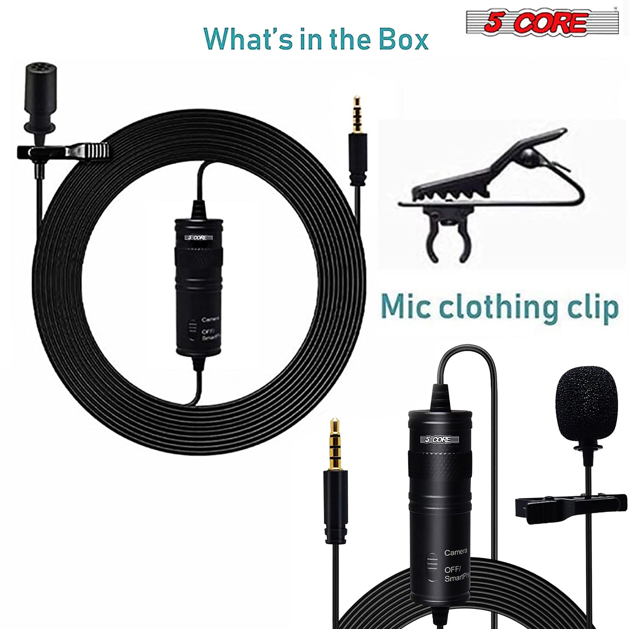 5 Core Lavalier Microphone Clip On • Professional Grade 3.5mm Lapel Mic • Omnidirectional Lav Mic