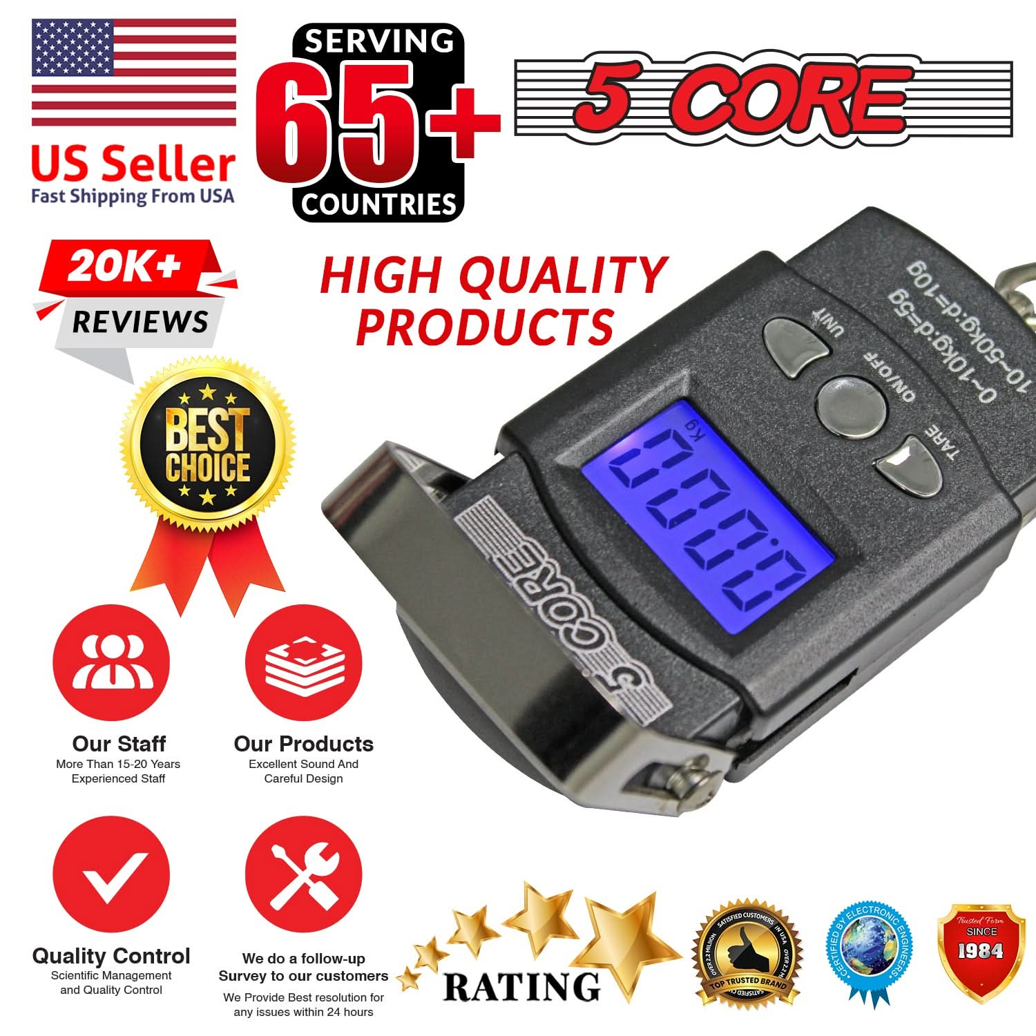 5Core Digital Fishing Scale 110lb/50kg Hanging Luggage Weighing Scales w Measuring Tape