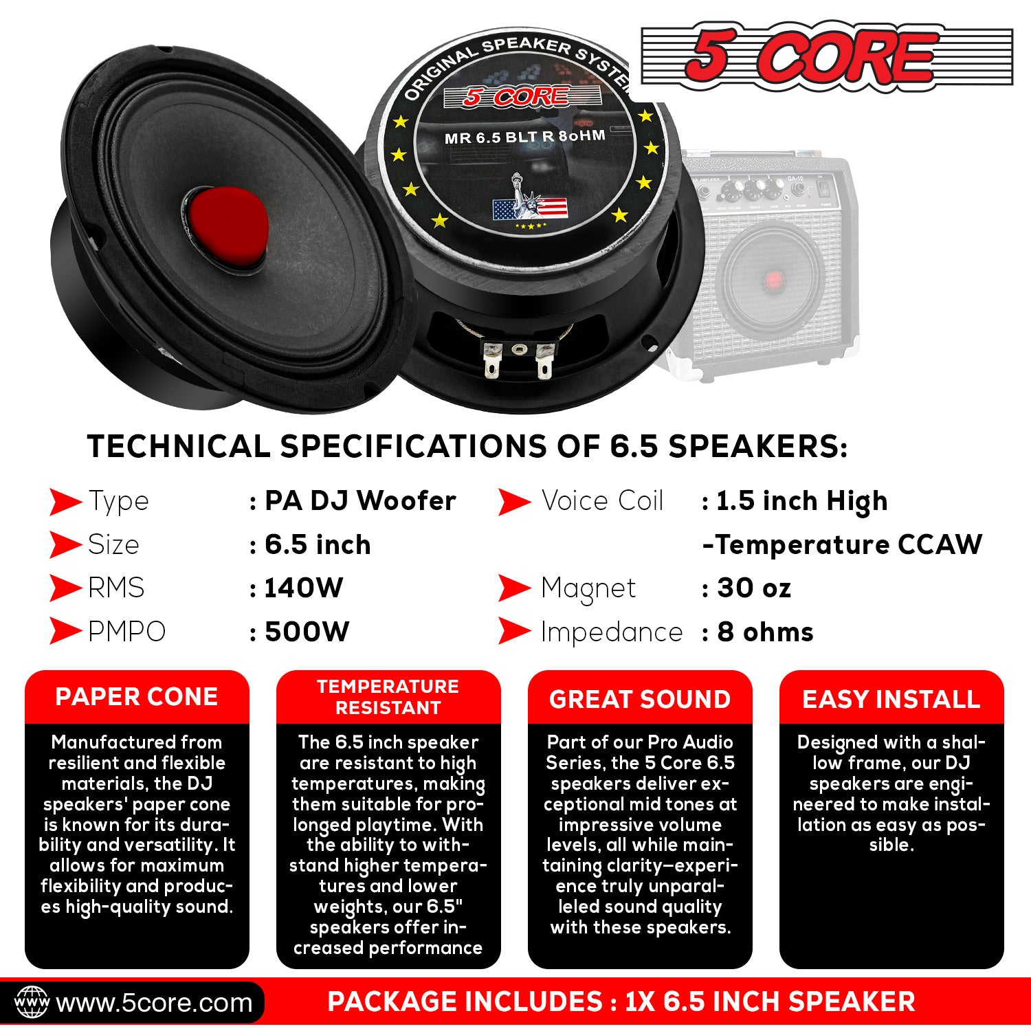 5 Core 6.5 Inch Midrange Door Speaker 580W PMPO Subwoofer • w Red Aluminum Bullet • 8 Ohm Sub Woofer