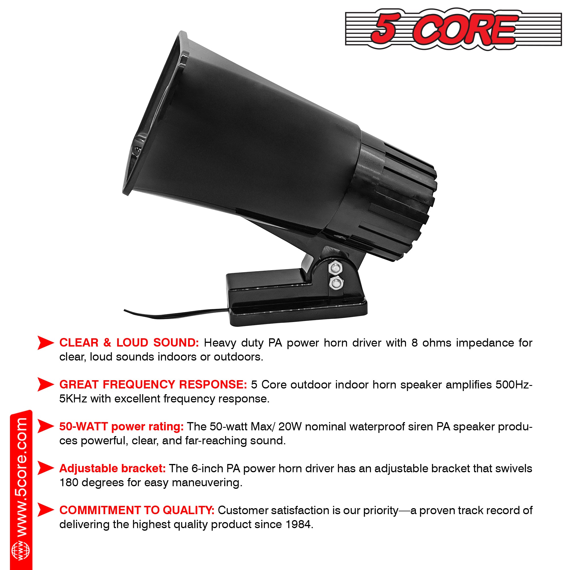 5 Core 6" inch PA Speaker Black/ 20W Power Horn Driver for Indoor Outdoor Use/ Heavy Duty Portable Waterproof Siren PA Speaker with Adjustable Bracket- HW 405 BLK