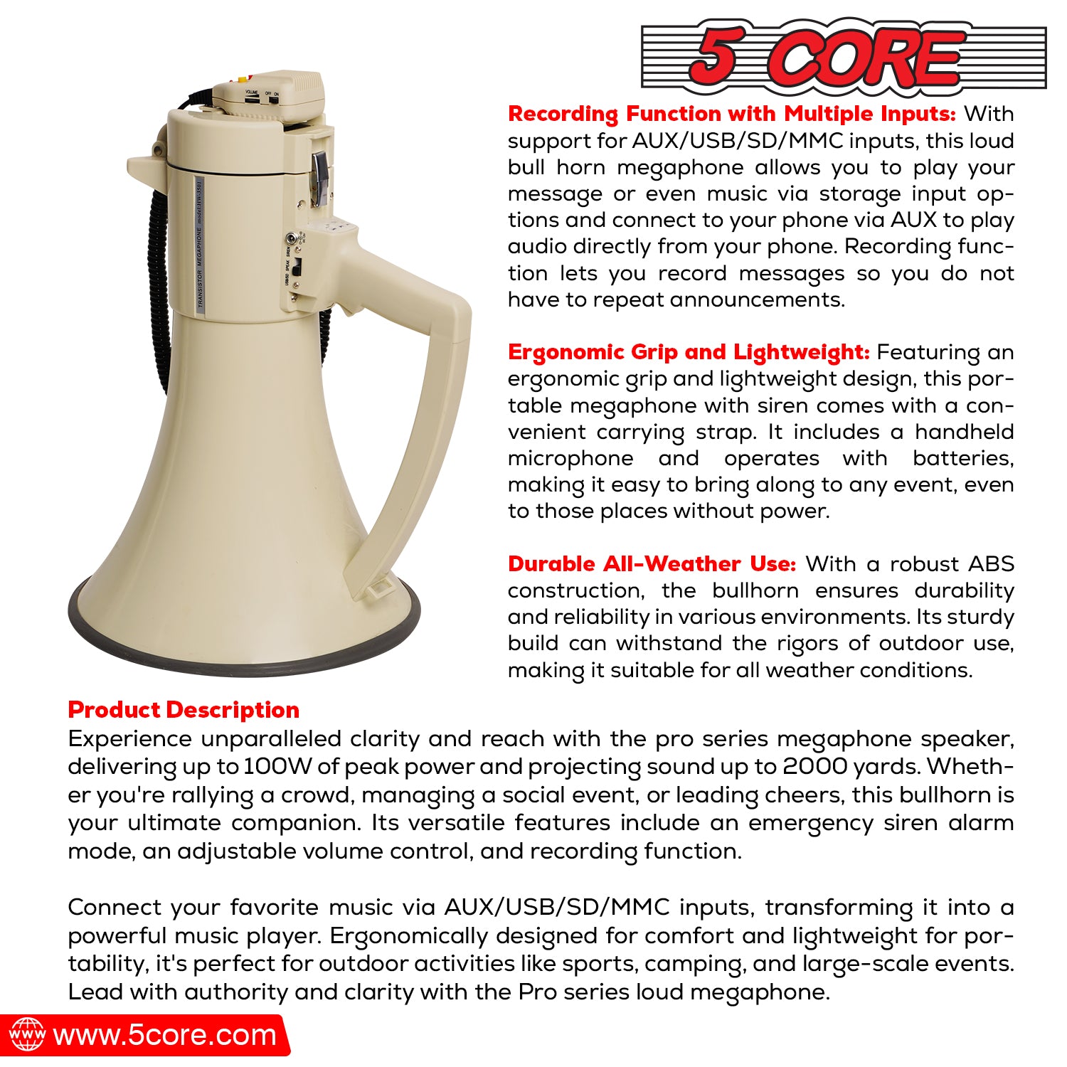 Reliable Crowd Control - 5 Core Bullhorn Ensures Effective Communication in Various Settings