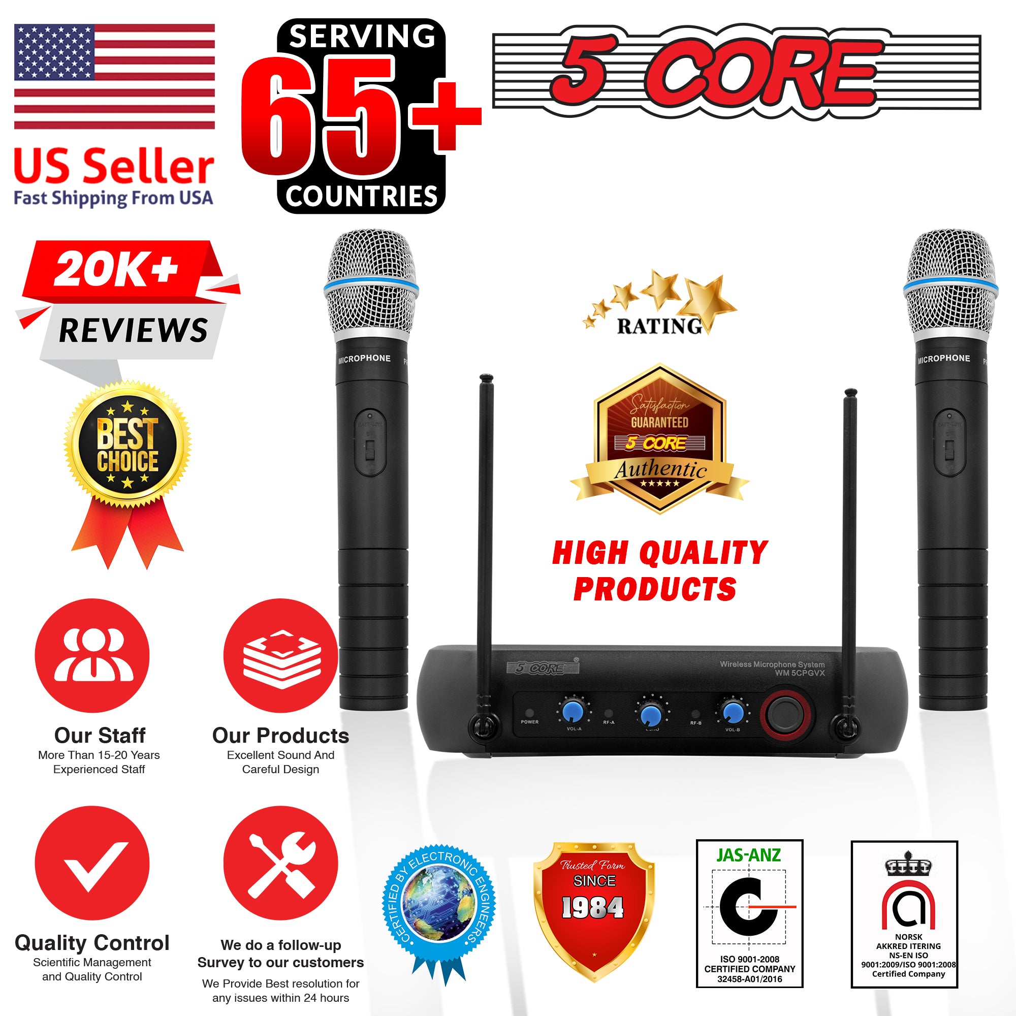 5 Core Dual Channel Wireless Mic System w 2 Microphones for Speaking Portable Cordless VHF Microfone System For Studio Karaoke Singing -WM 5CPGVX