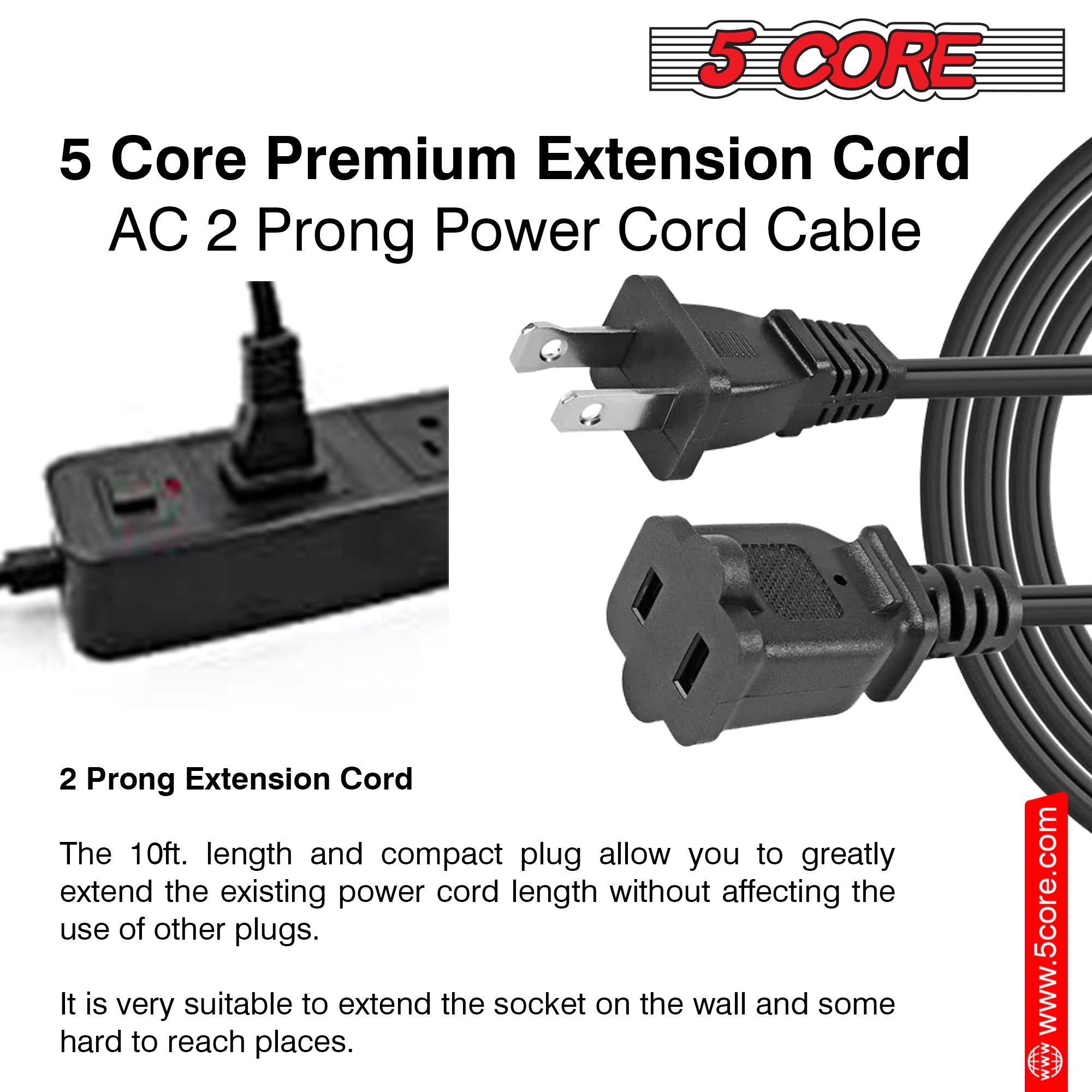 5 Core AC Power Cord 12 Ft • US Polarized Male to Female 2 Prong Extension Adapter 16AWG/2C 125V 13A