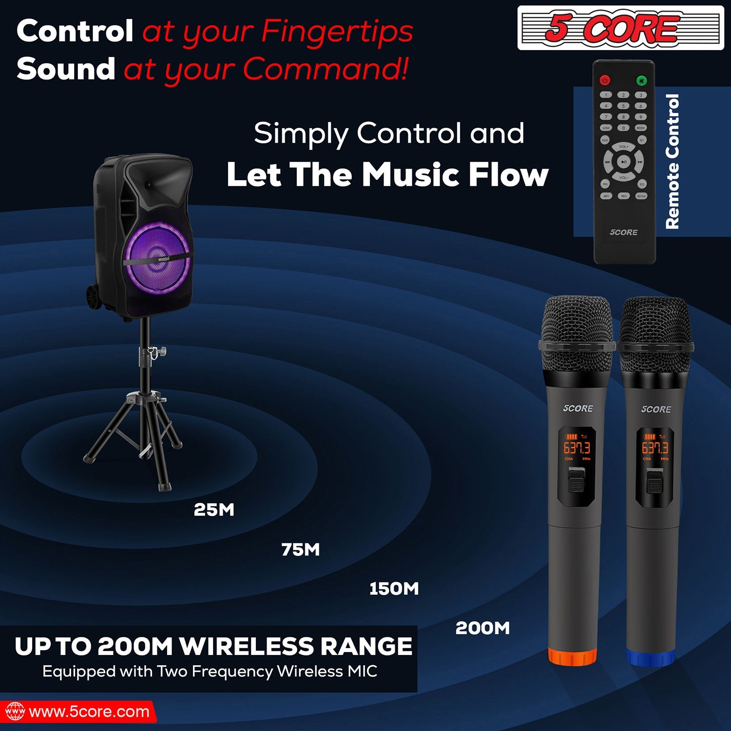 5Core Portable PA System: Big-powered Bluetooth party speaker with 2 wireless mics for karaoke and DJ events.