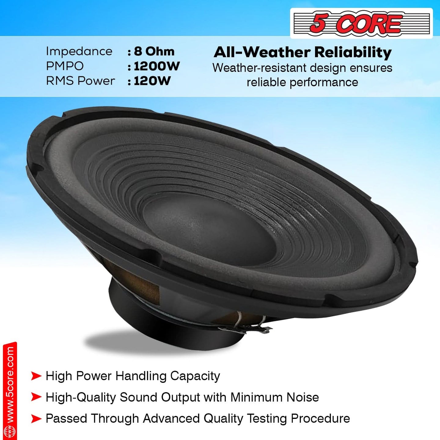 Powerful 12 Inch Subwoofer by 5 Core - 1200W Peak, 8 Ohm, DJ Bass Magnet