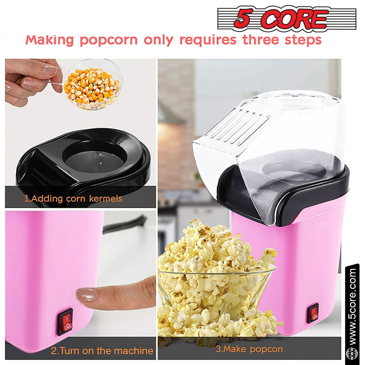 5Core Popcorn Machine 16 Cup Hot Air Popper Mini Portable Electric Pop Corn Maker PINK