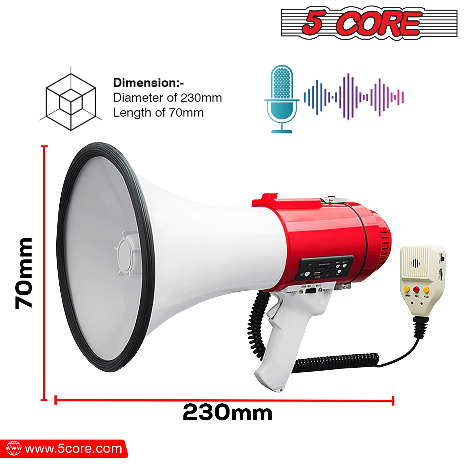 5 Core High Power Megaphone 60W Loud Siren Noise Maker Professional Bullhorn Speaker Rechargeable PA System w Recording USB SD Card Adjustable Volume for Sports Speeches Events Emergencies - 77SF