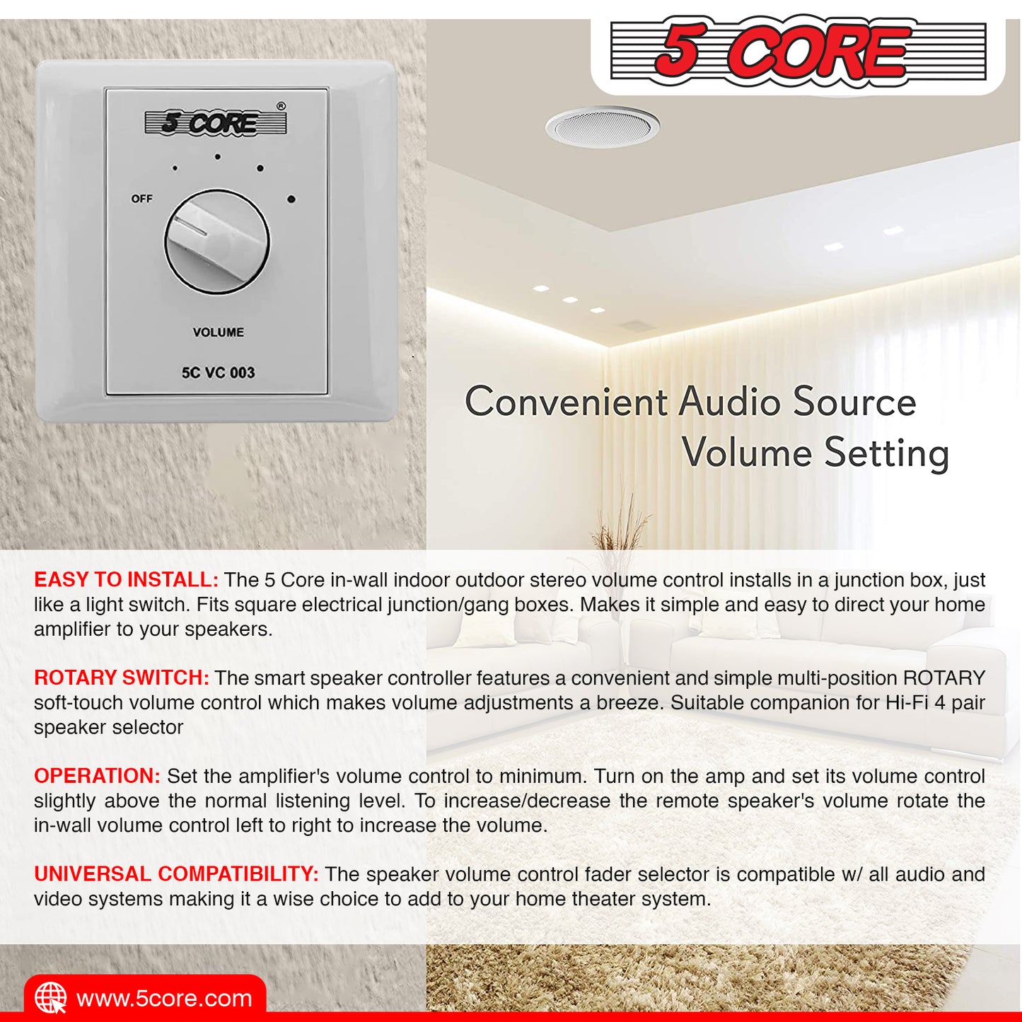 5Core Volume Control for Speakers Rotary Volume Knob Wall Mount Ceiling Speaker Audio Controller in Wall 5 Core VC003