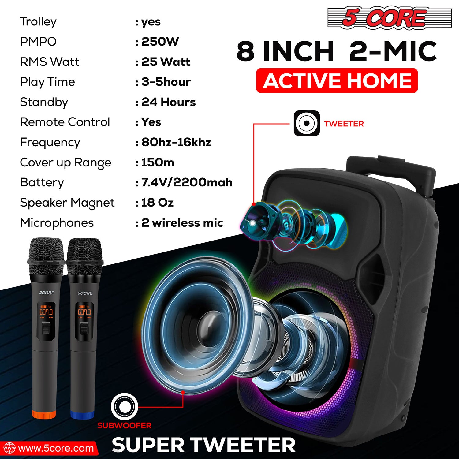 5Core Portable Party Speaker: Powerful PA system with Bluetooth, 2 wireless mics, ideal for DJ and karaoke events.