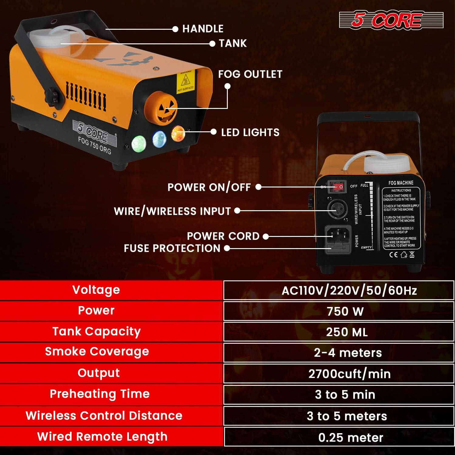 5 Core Fog Smoke Machine 750W Low Lying Indoor Outdoor 250ML Fog Maker with LED Lights Fogger for Halloween Wedding Party Christmas Stage Effect