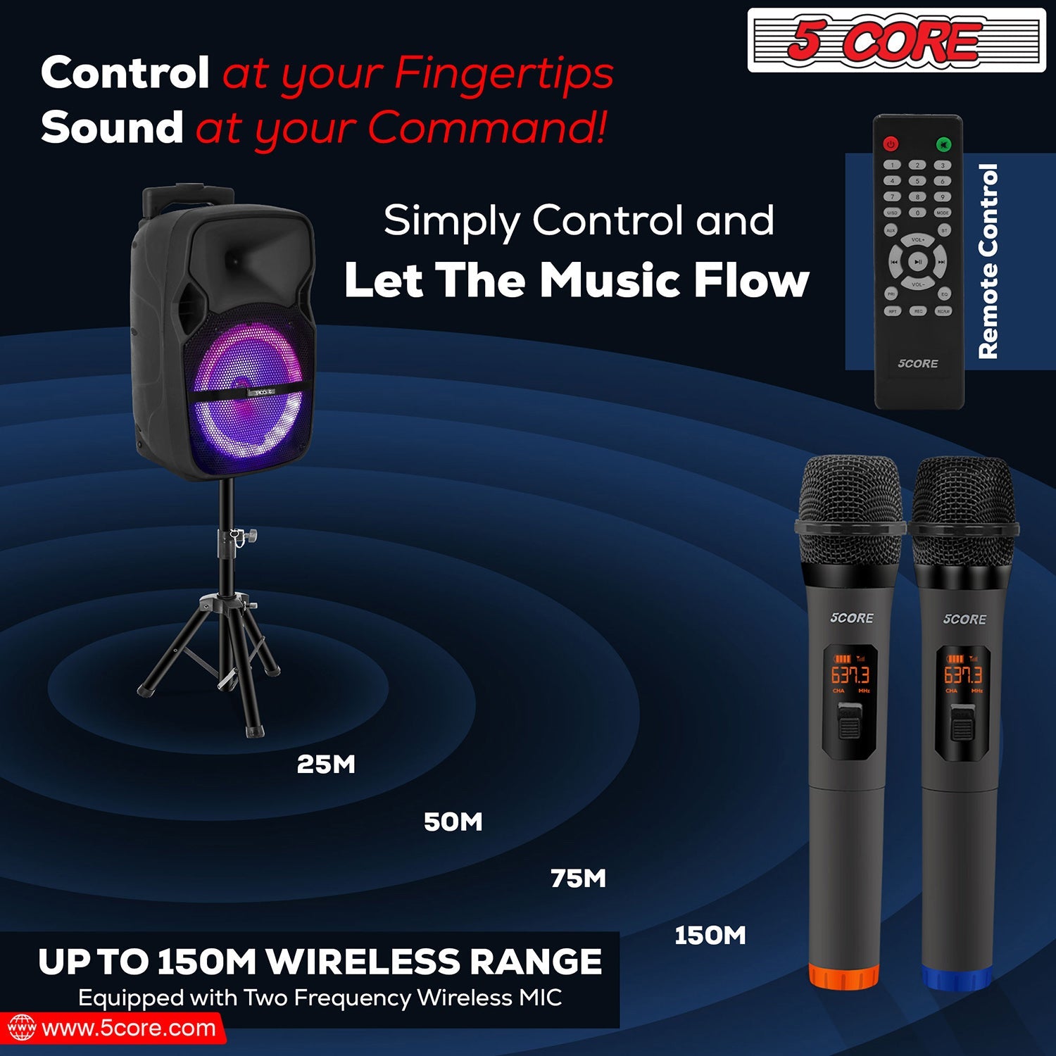 DJ Karaoke Machine by 5Core: Bluetooth-enabled, portable PA system with 2 wireless microphones for parties.