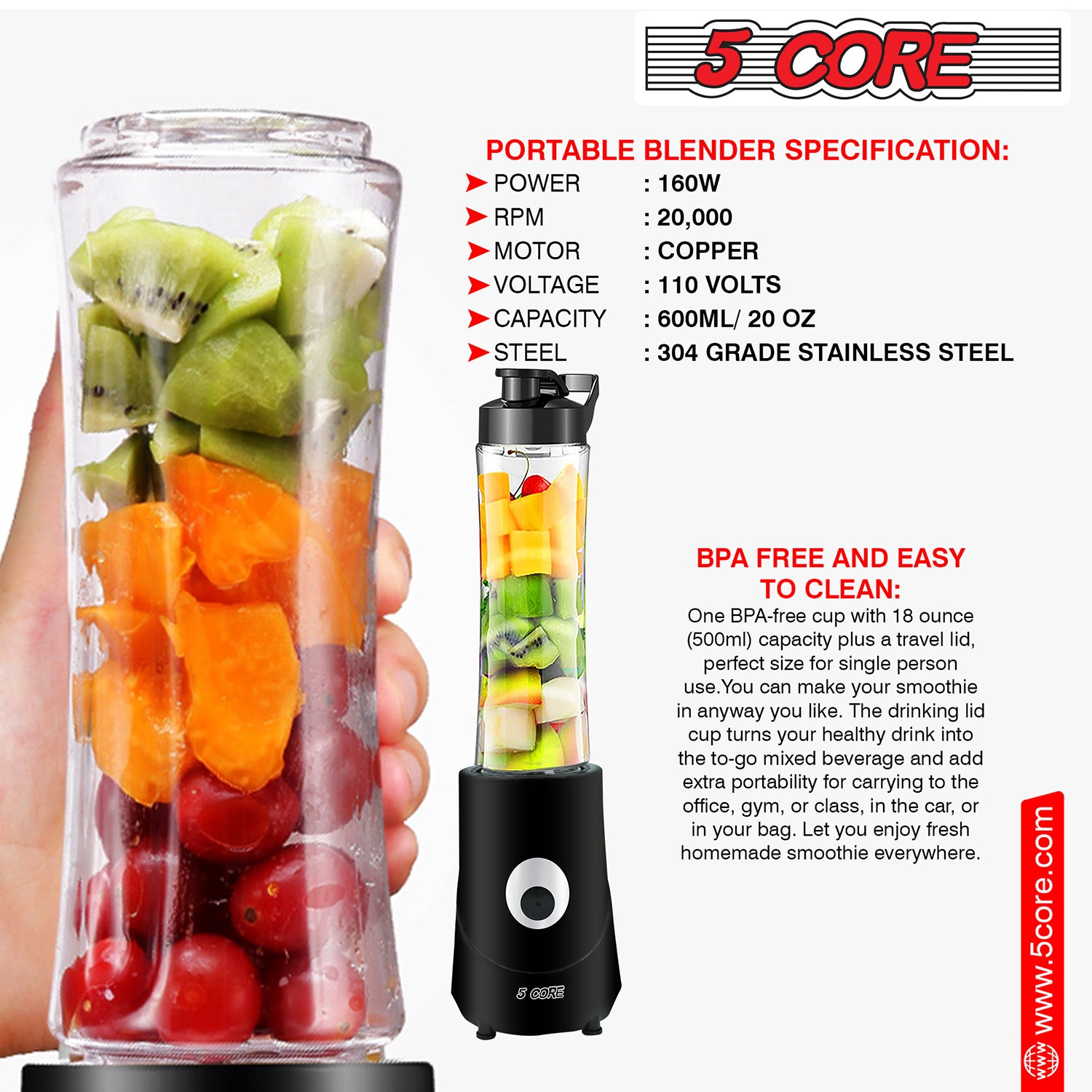 5Core Portable Blender For Kitchen 20 Oz Capacity 160W Personal Blenders Small Smoothie Maker