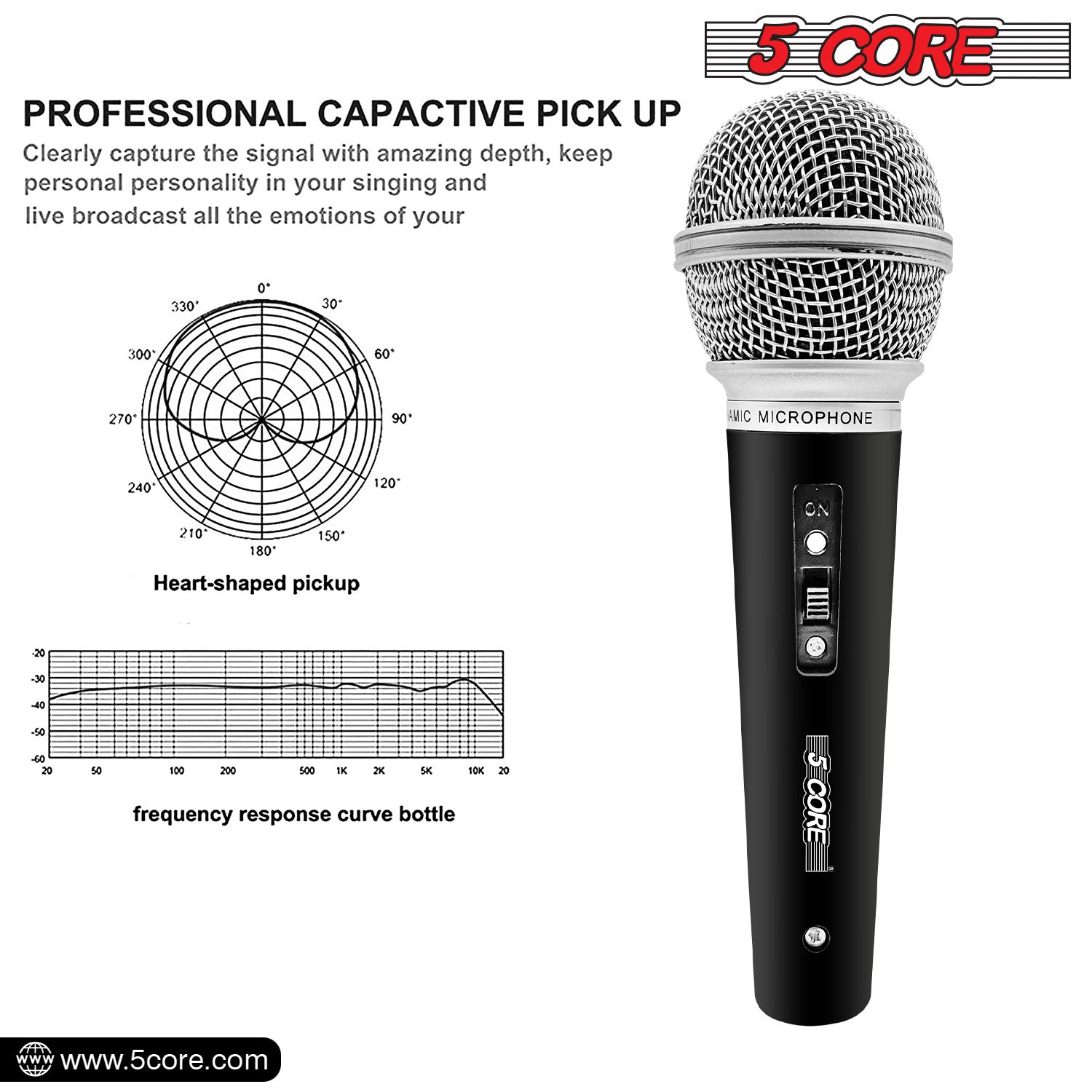 5 Core Karaoke Microphone Dynamic Vocal Handheld Mic Cardioid Unidirectional Microfono w On and Off Switch Includes XLR Audio Cable for Singing, Public Speaking & Parties -PM 58