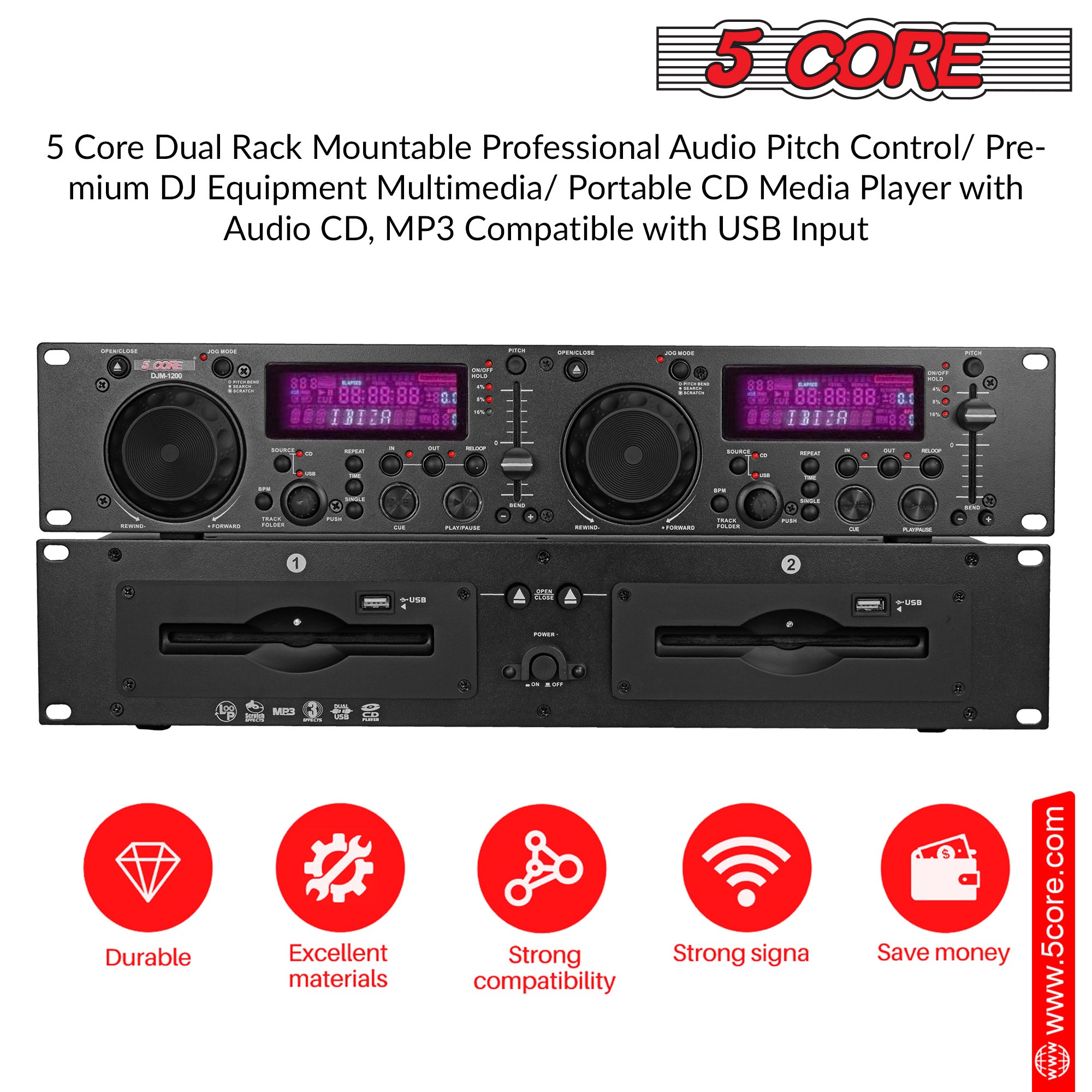 5 Core Professional Dual USB and MP3 CD Player Rack Mountable DJ Equipment with Audio Pitch Control Multimedia CD R and MP3 Compatible- DJM 1200