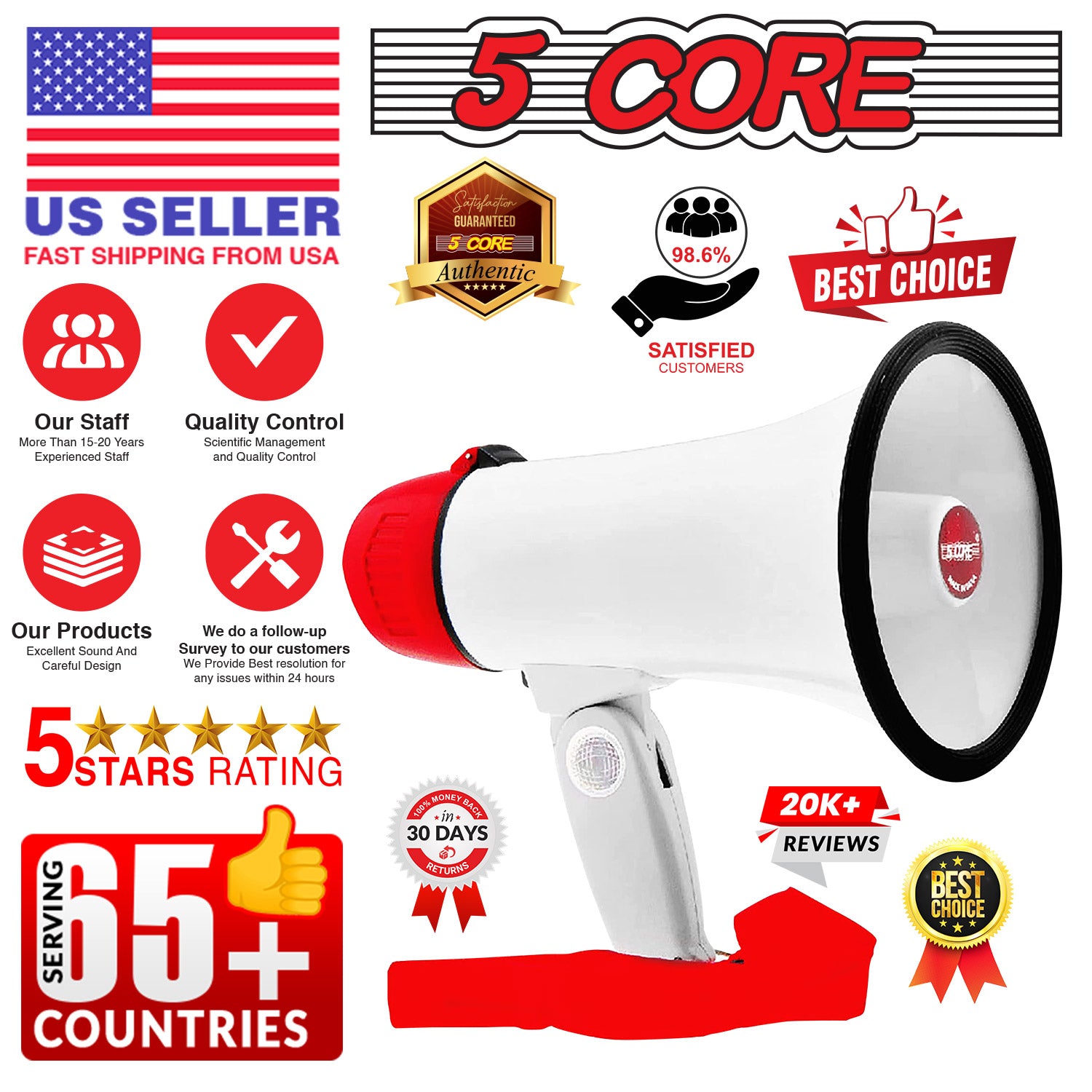 Dropship 5 Core 40W Megaphone Bullhorn Cheer Bull Horn Speaker Rechargeable  1000 Yard Range Siren Recording Bluetooth USB SD Card AUX Detachable  Microphone For Cheerleading, Football, Safety Drills - 20RF BT to
