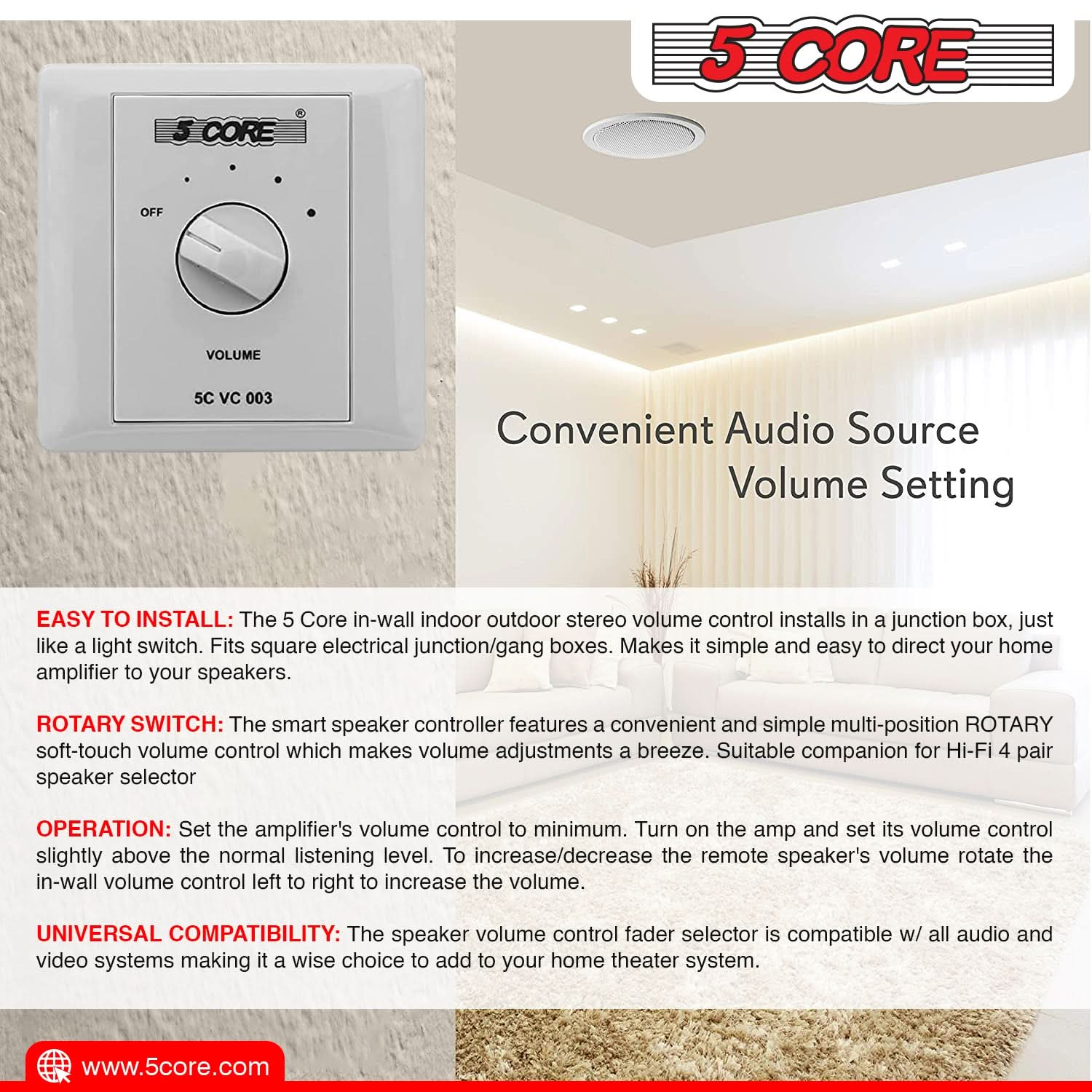 5Core Wall Mount Volume Control Knob 30W In Wall Rotary Style Volume Adjustment Speakers