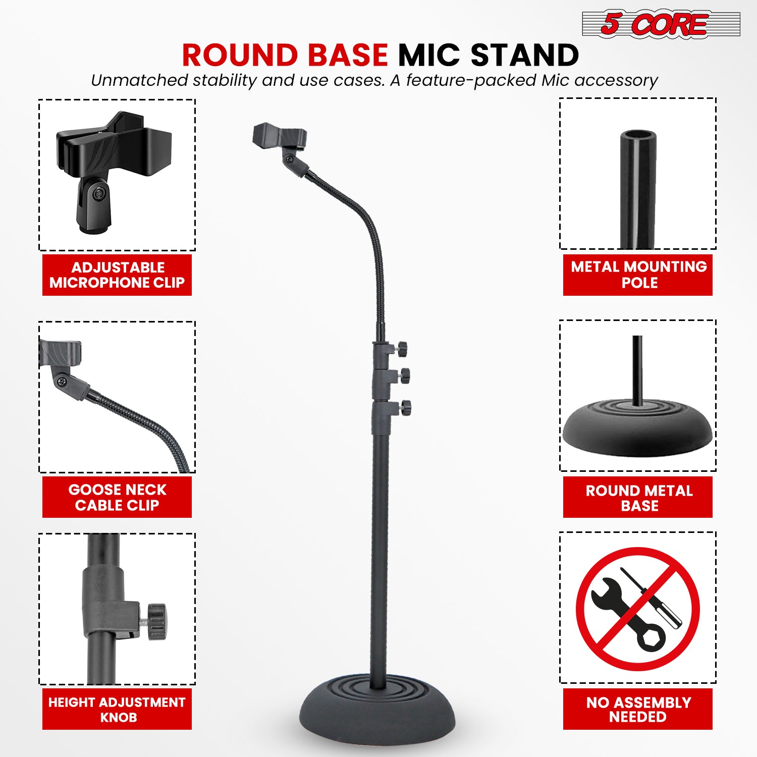 5Core Mic Stand Floor Adjustable Universal Heavy Duty Gooseneck Microphone Stands Round Base Soporte De micrófono