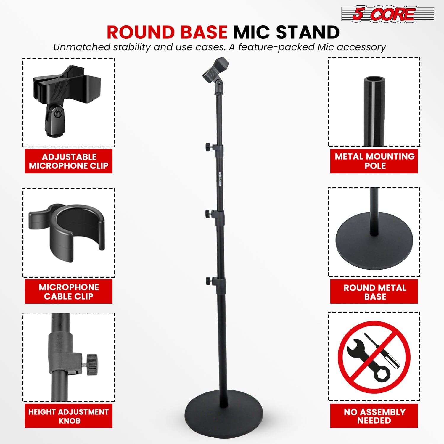 5Core Mic Stand Floor Adjustable Universal Heavy Duty Microphone Stands Round Base Soporte De micrófono