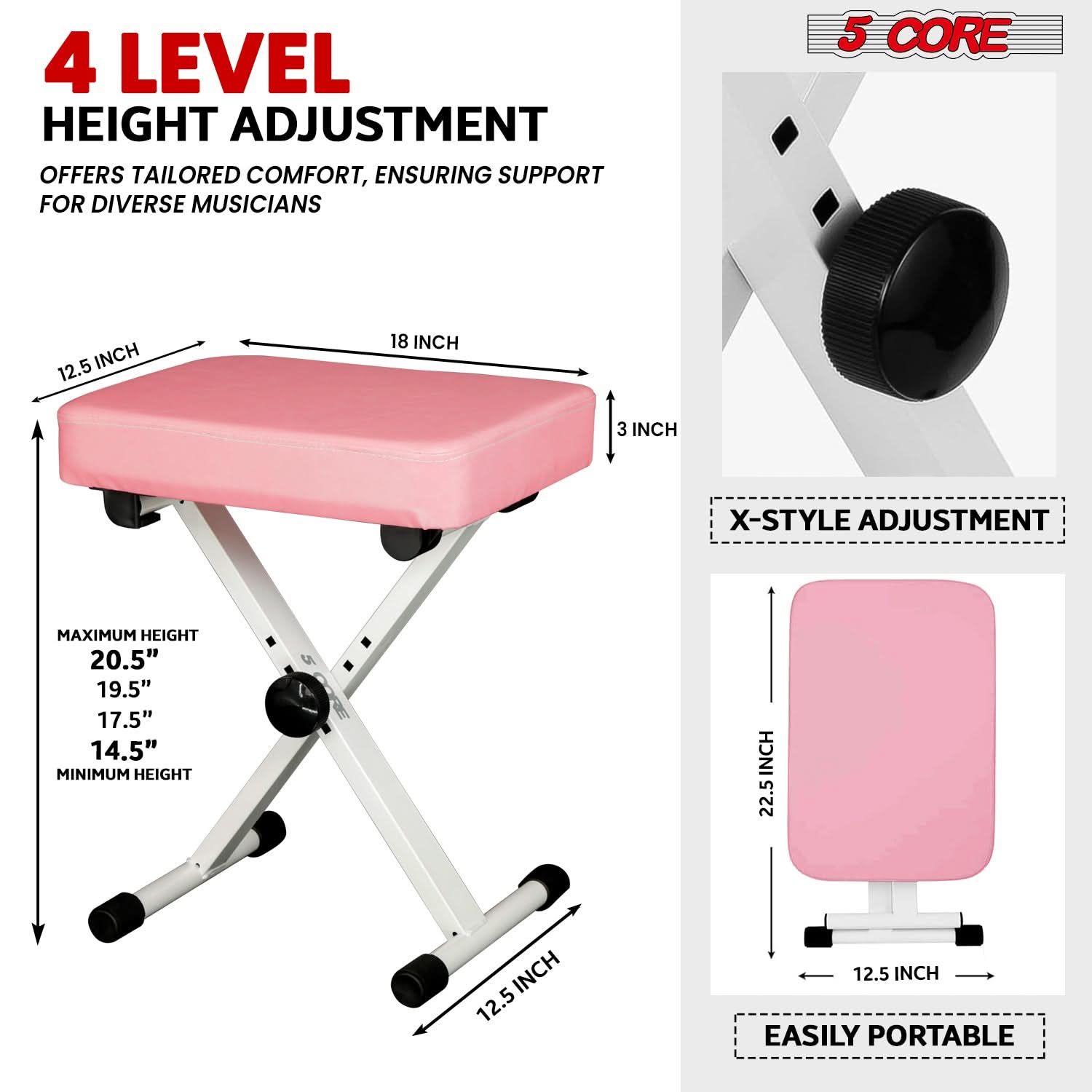 5 Core Keyboard Bench X Style Piano Stool Heavy Duty Adjustable Keyboards Chair Pink