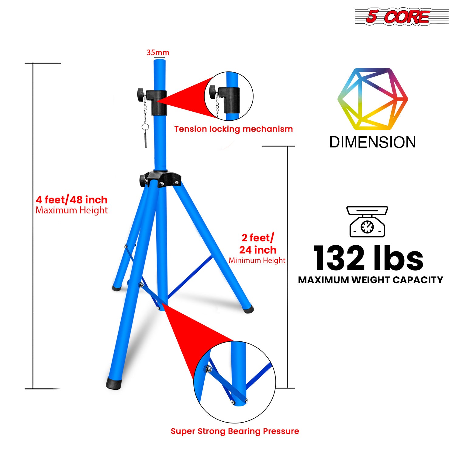 5Core Speaker Stand Tripod Floor Short Adjustable DJ Studio Monitor Stands Pole Mount SKY BLUE