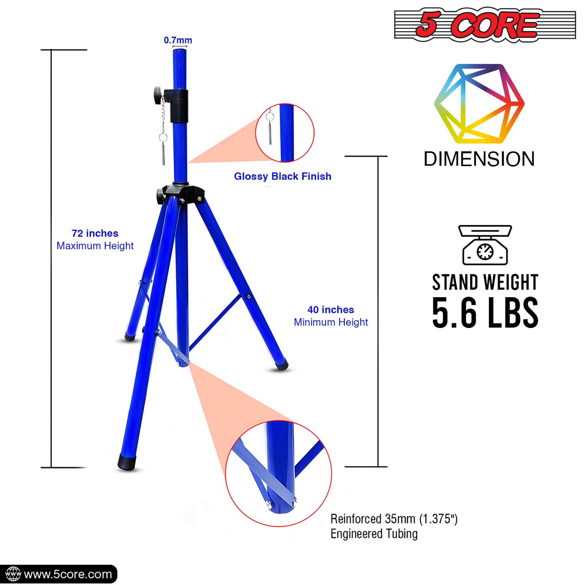 5 Core Speakers Stands 1 Piece Blue Heavy Duty Height Adjustable Tripod PA Speaker Stand For Large Speakers DJ Stand Para Bocinas Includes Carry Bag- SS HD 1 PK BLU