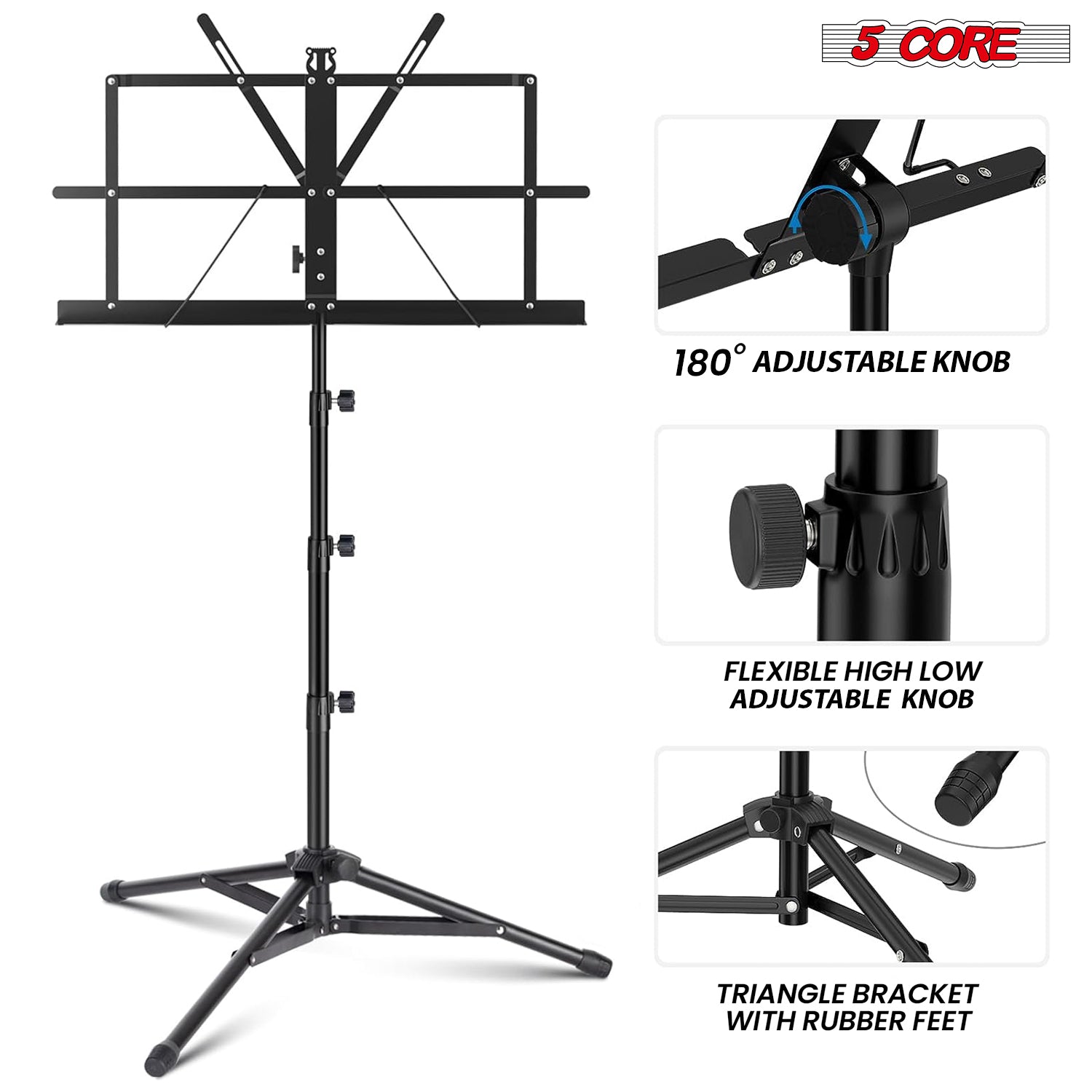 5Core Music Stand For Sheet Music Portable Tripod Adjustable Folding Note Holder Higher BLACK