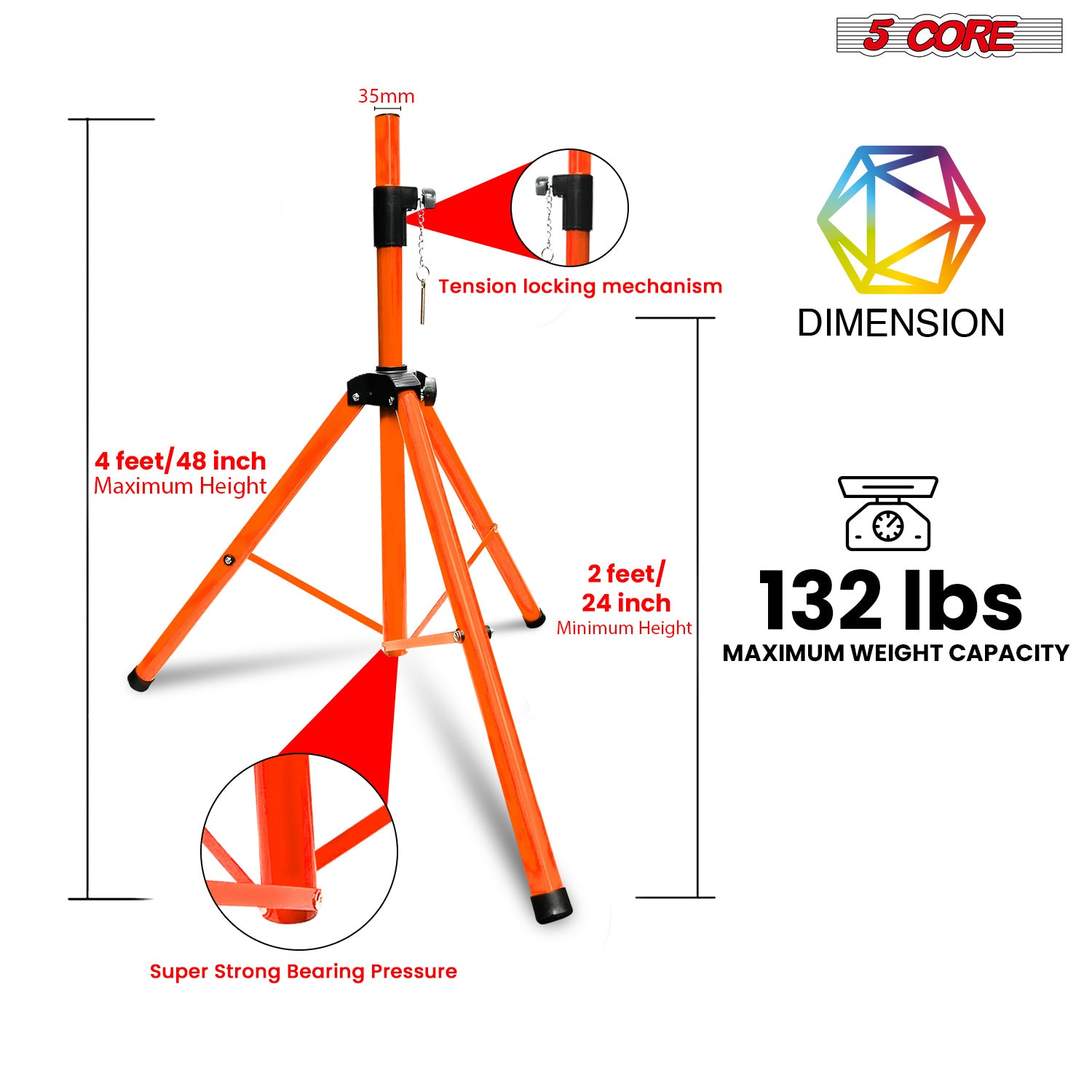 5 Core Speaker Stand Tripod Floor Adjustable Up to 48 Inch DJ Studio Monitor Stands Pole Mount Pair ORANGE