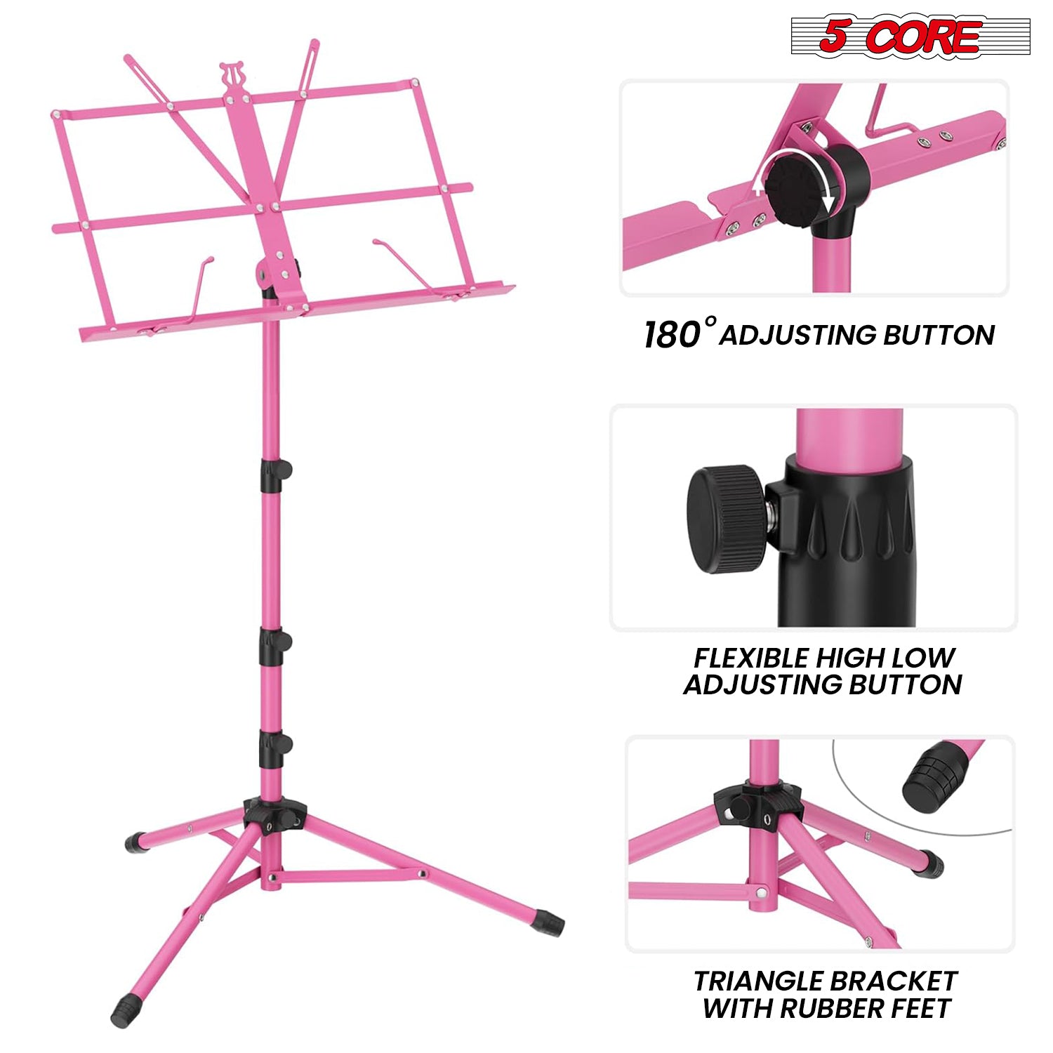 5Core Music Stand For Sheet Music Portable Tripod Adjustable Folding Note Holder With Light PINK