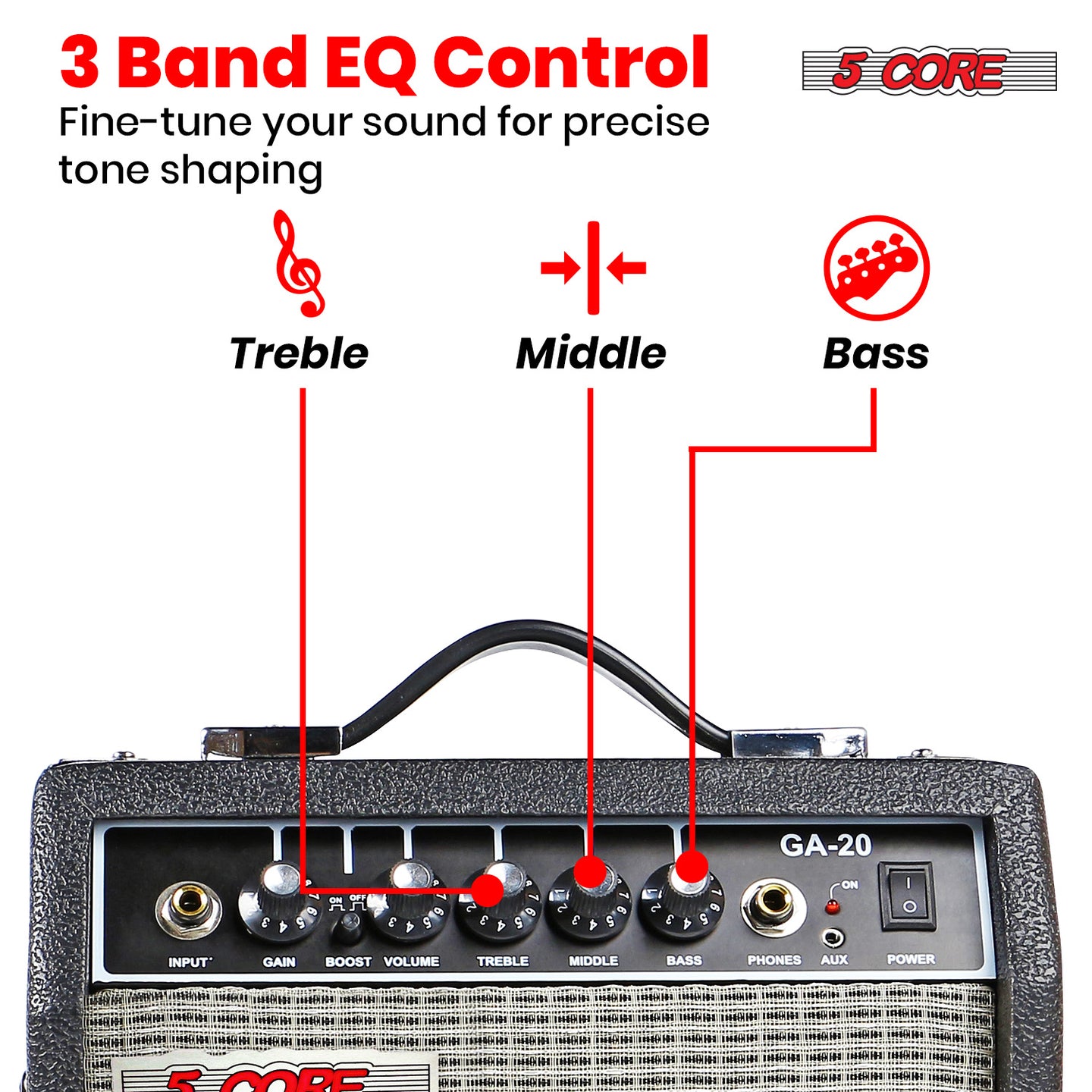 Electric guitar amp with 3-band EQ control for precise sound customization