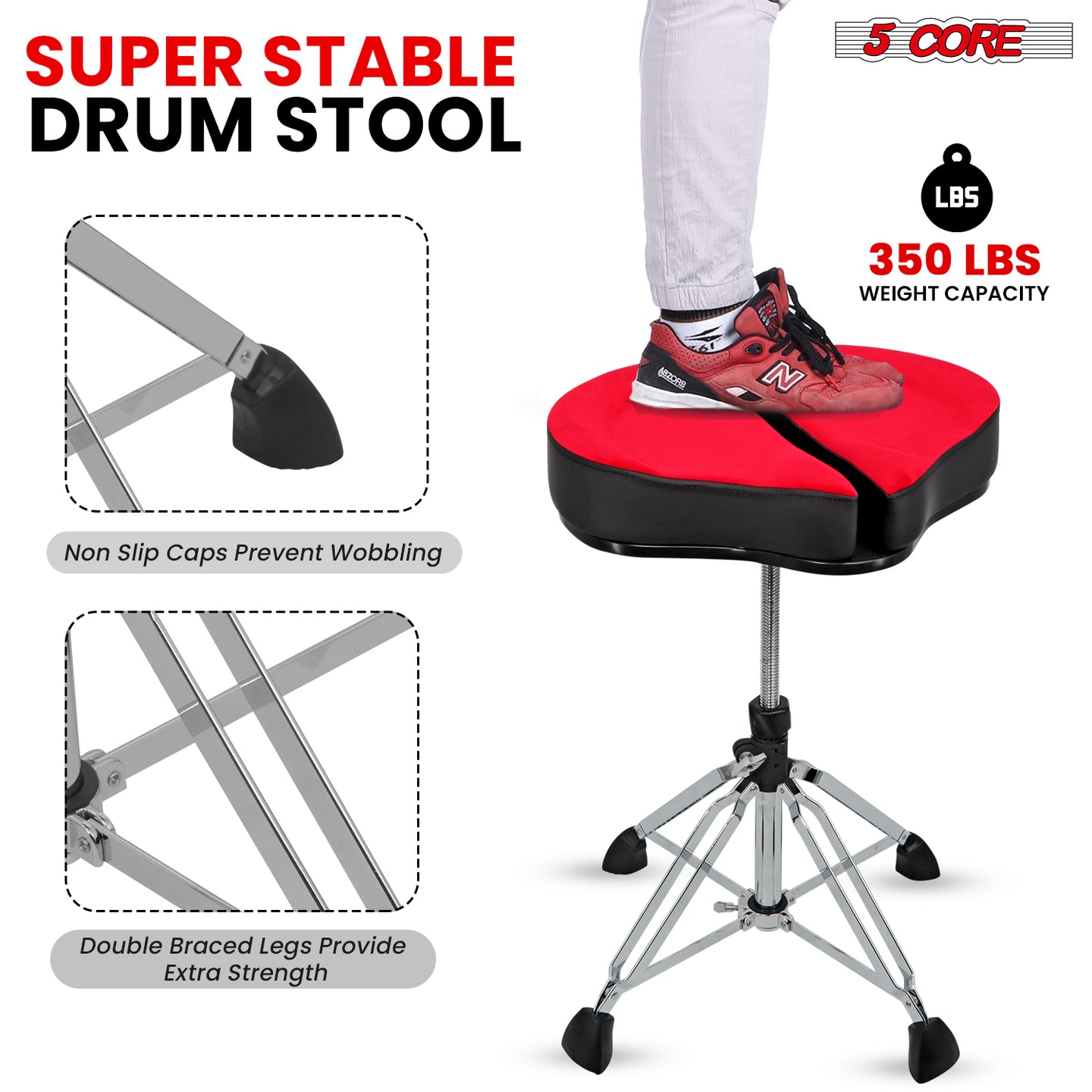 Heavy-duty drummer chair with a 350 lbs weight capacity for maximum durability and support