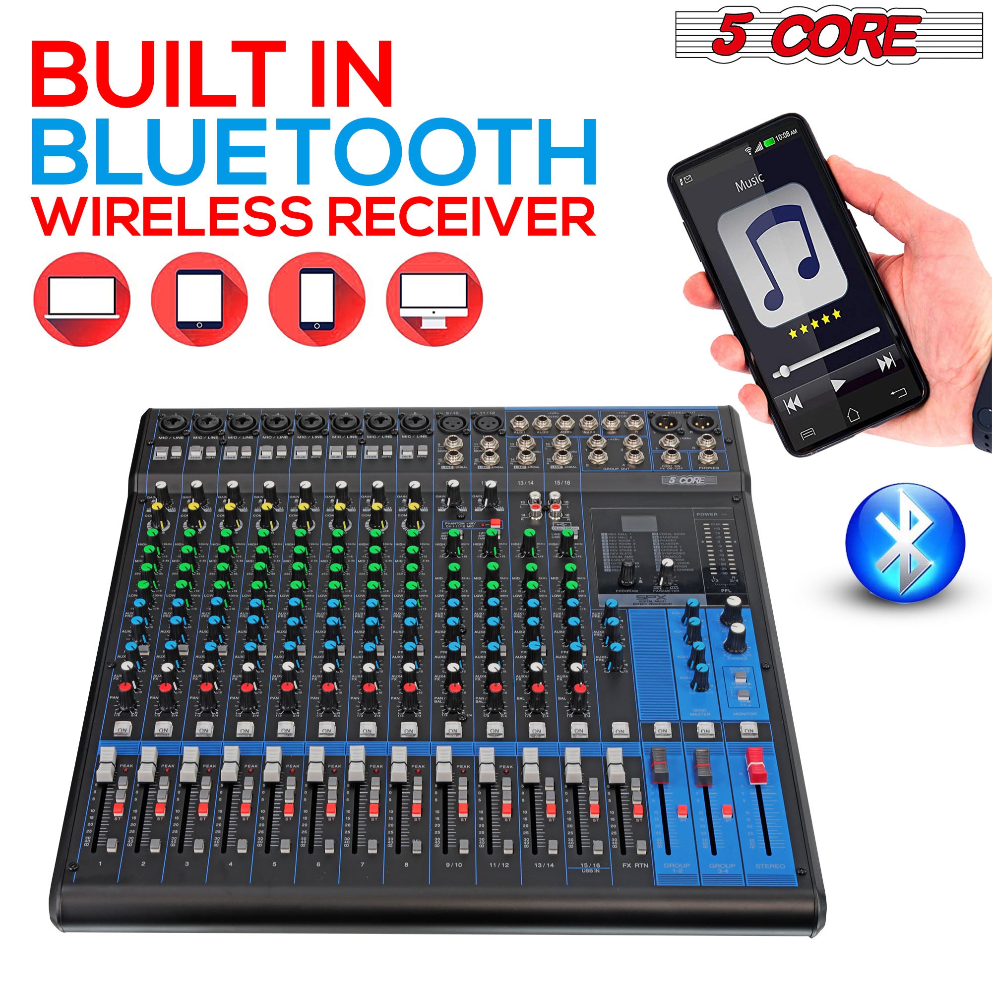 5 Core Audio Mixer DJ Equipment Digital Sound Board Karaoke XLR Mixers Professional 16 Channel 6-Bus USB Interface with Effects -MX 16CH XU