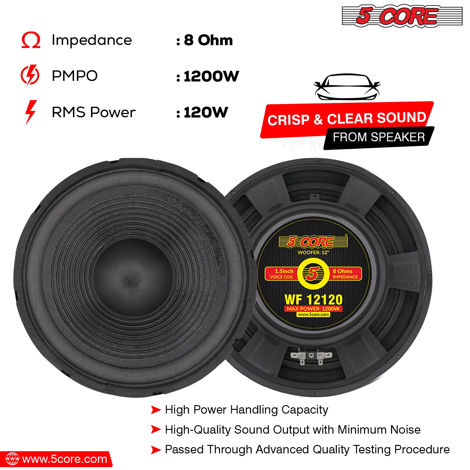 Premium 12 Inch Guitar Speaker by 5 Core - 120W RMS, 8 Ohm, Replacement Driver