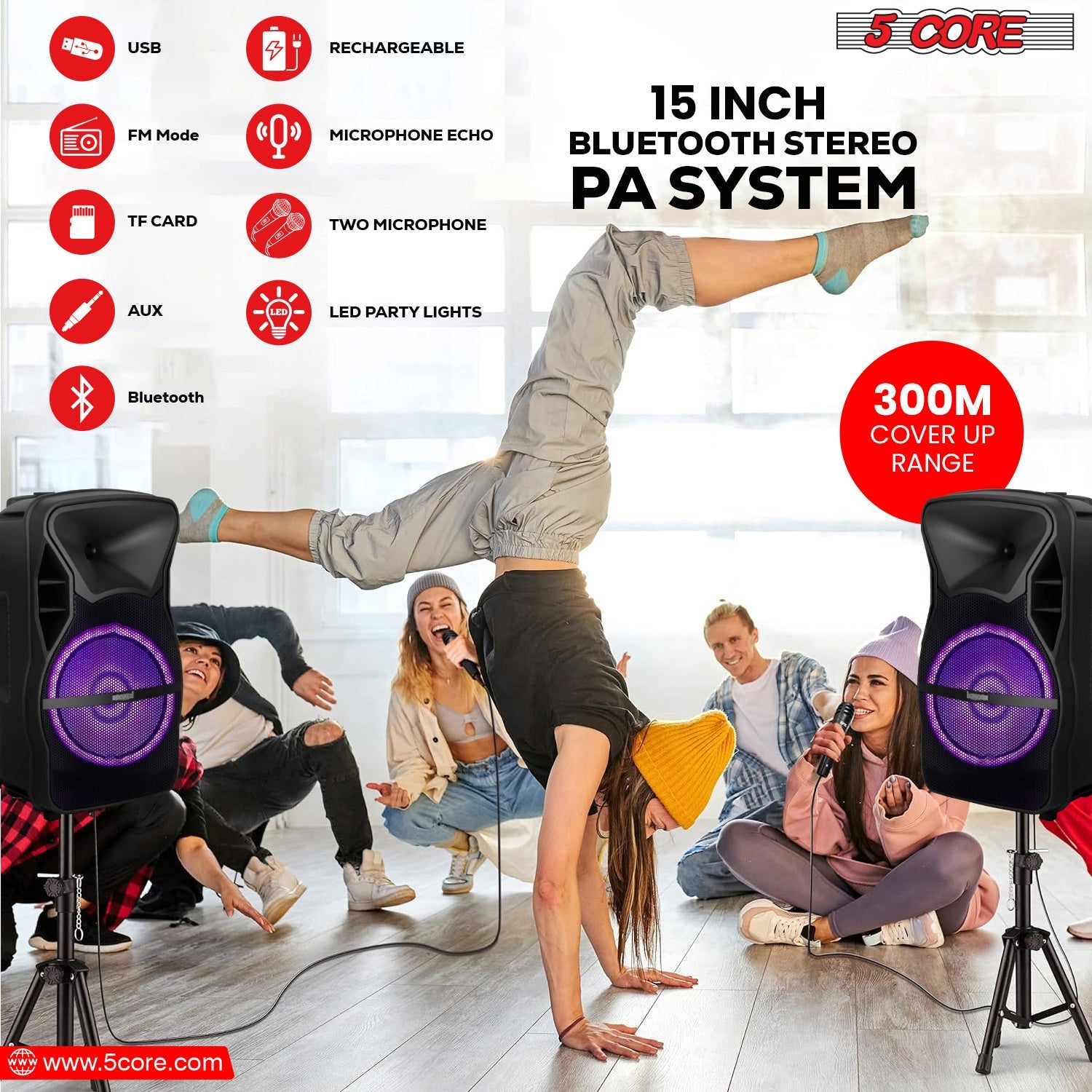 DJ Karaoke Machine by 5Core: Bluetooth-enabled, portable PA system with 2 wireless microphones for parties.