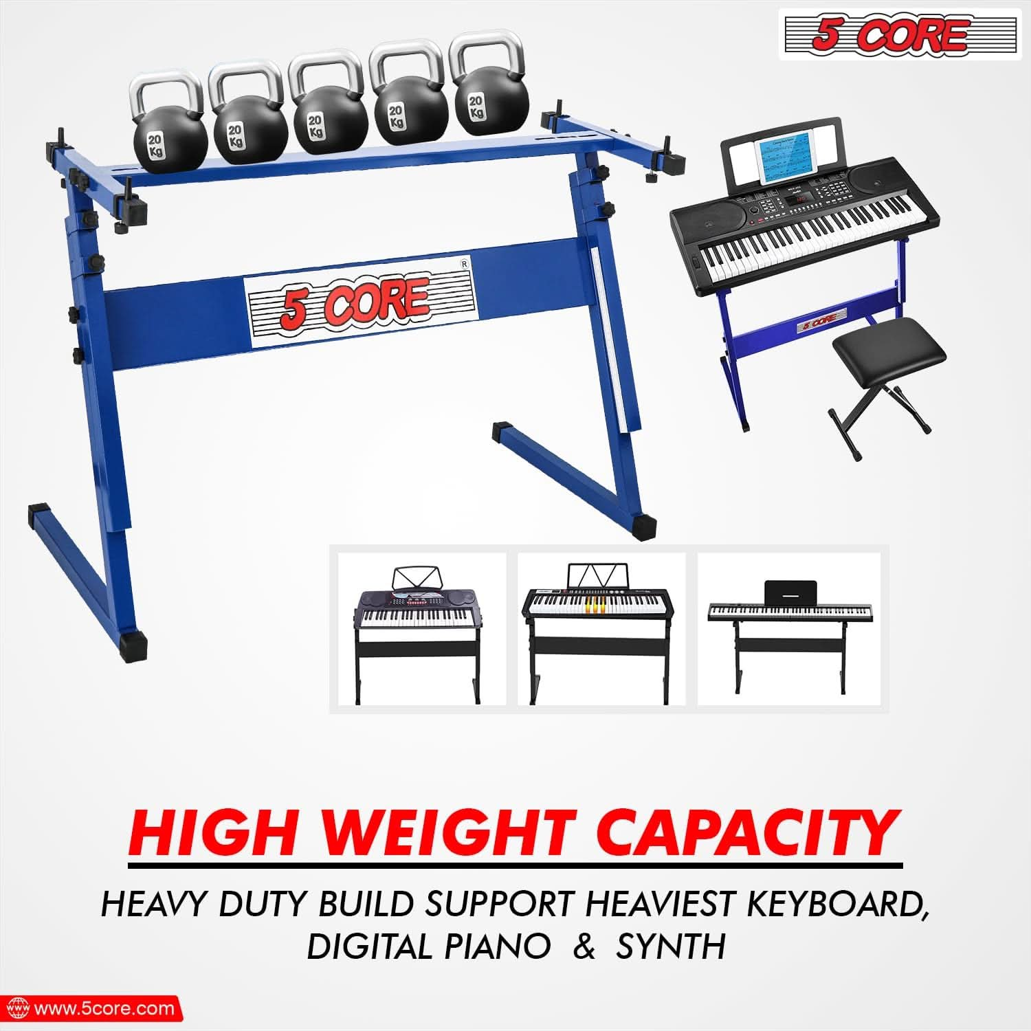 5Core Keyboard Stand Adjustable z Style Piano Riser + Keyboard Piano Bench