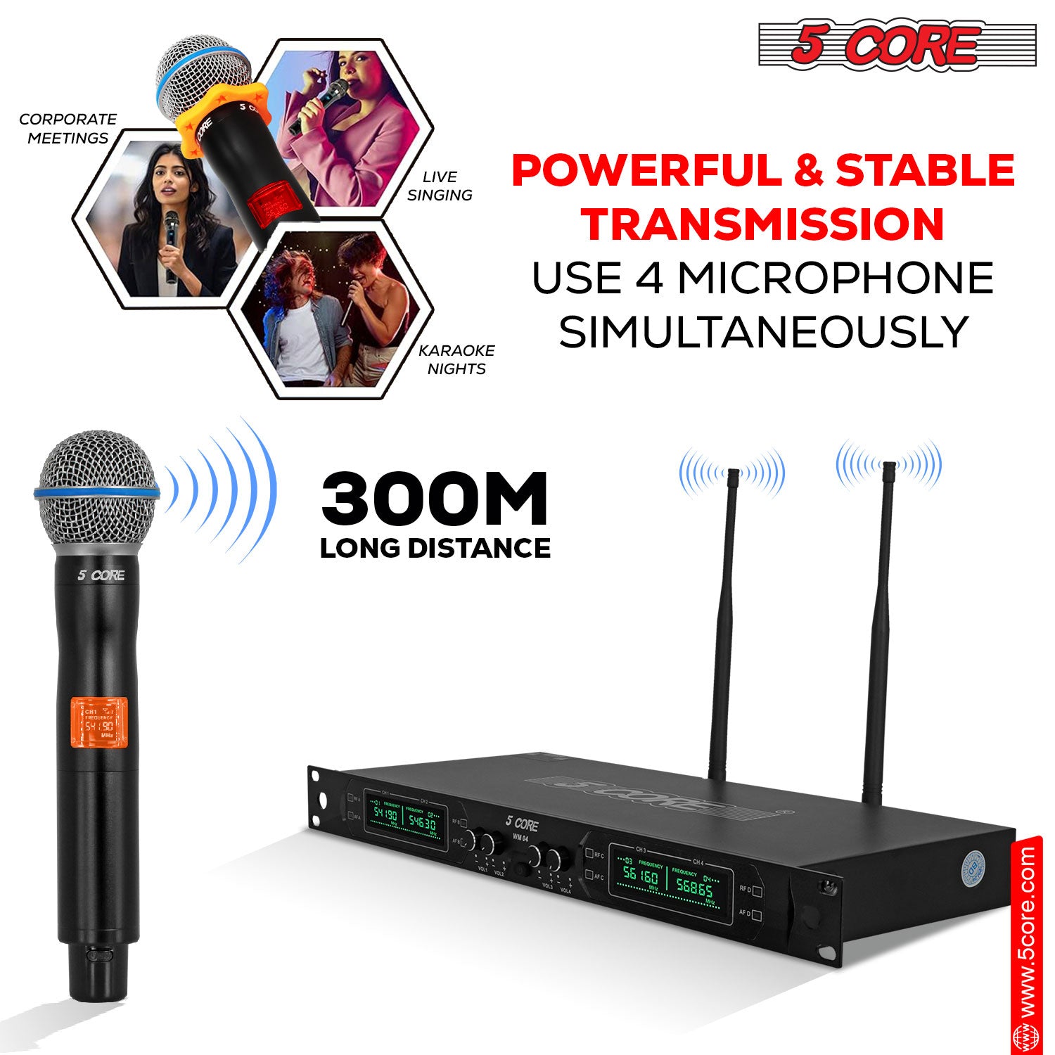 5 Core Wireless Microphone System 4/6/8 Channel UHF 492F Range Portable Receiver w Cordless Mic