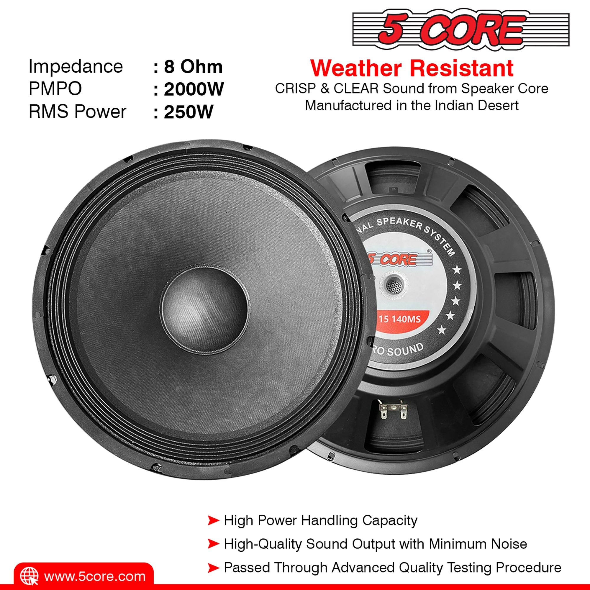 5 Core 15 Inch Subwoofer Speaker 250W RMS Full Range DJ Sub Woofer Systems 8 Ohm 60 OZ Magnet Raw Replacement Stereo Subwoofers -FR 15 140 MS