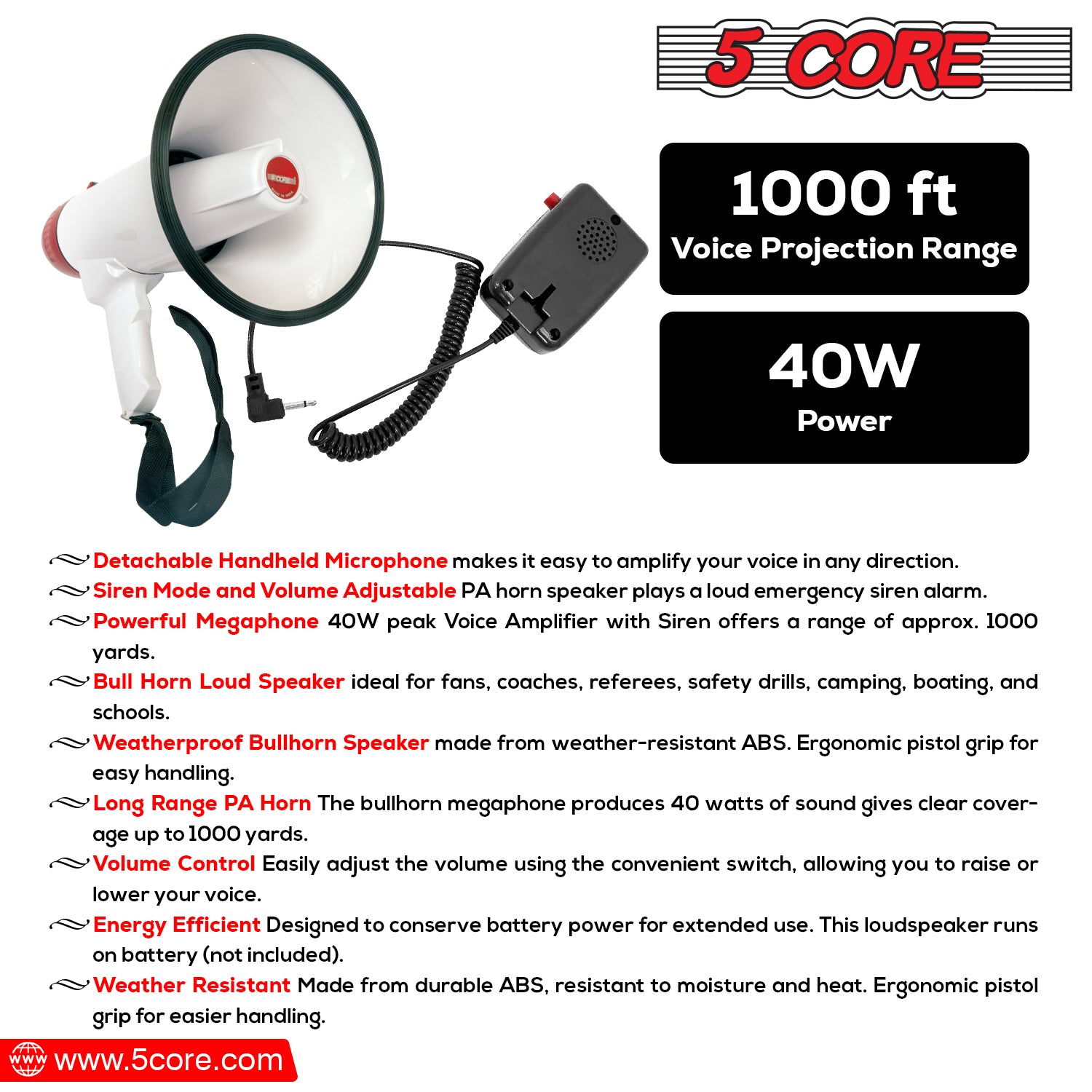 5 Core Megaphone Speaker 40W Peak Loud Bull Horn Clear Sound Volume Control Indoor & Outdoor Use