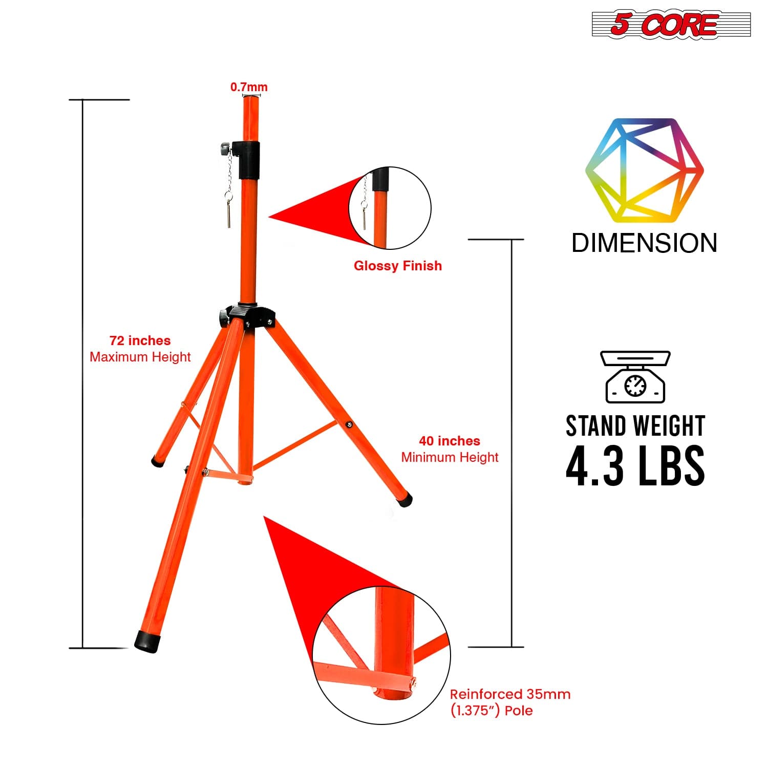 5Core Speaker Stand Tripod Tall Adjustable 72 Inch DJ Studio Monitor Stands Pole Mount