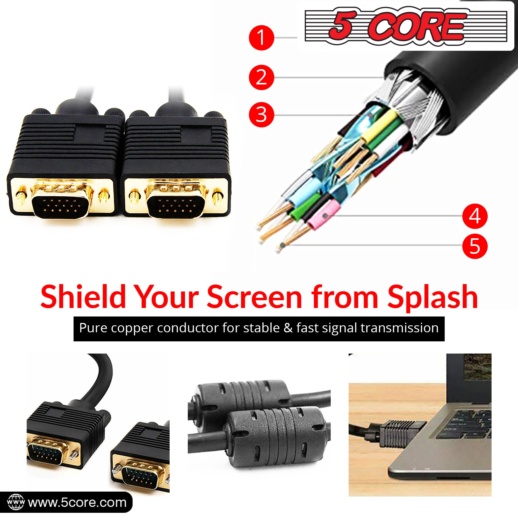 5 Core VGA to VGA Cable • 6Ft 15 Pin VGA Male to Male HD Video Transmission Extension Monitor Cord