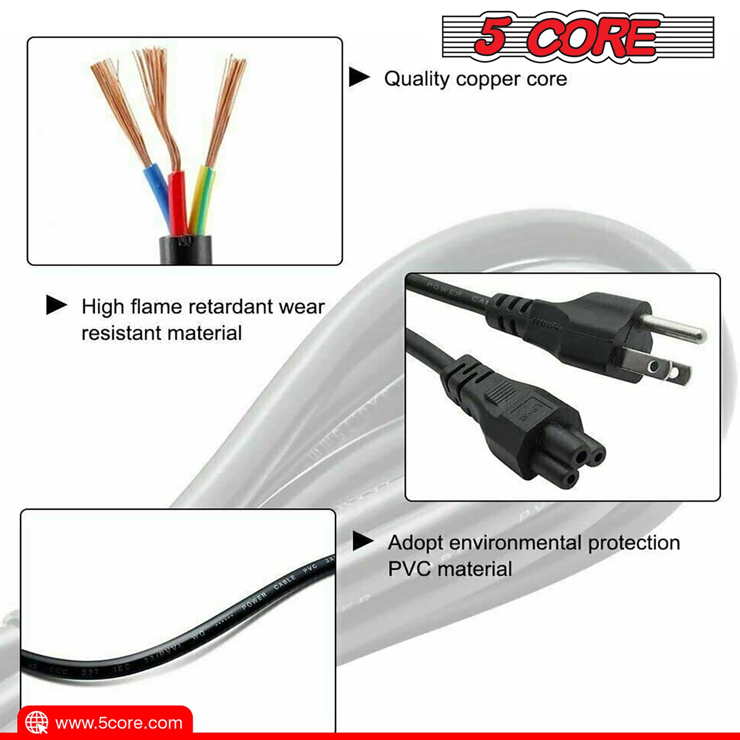 5Core AC Power Extension Cord 10ft Wall Plug 3 Slot Polarized 18AWG 10A 7A 125V Heavy Duty Wire