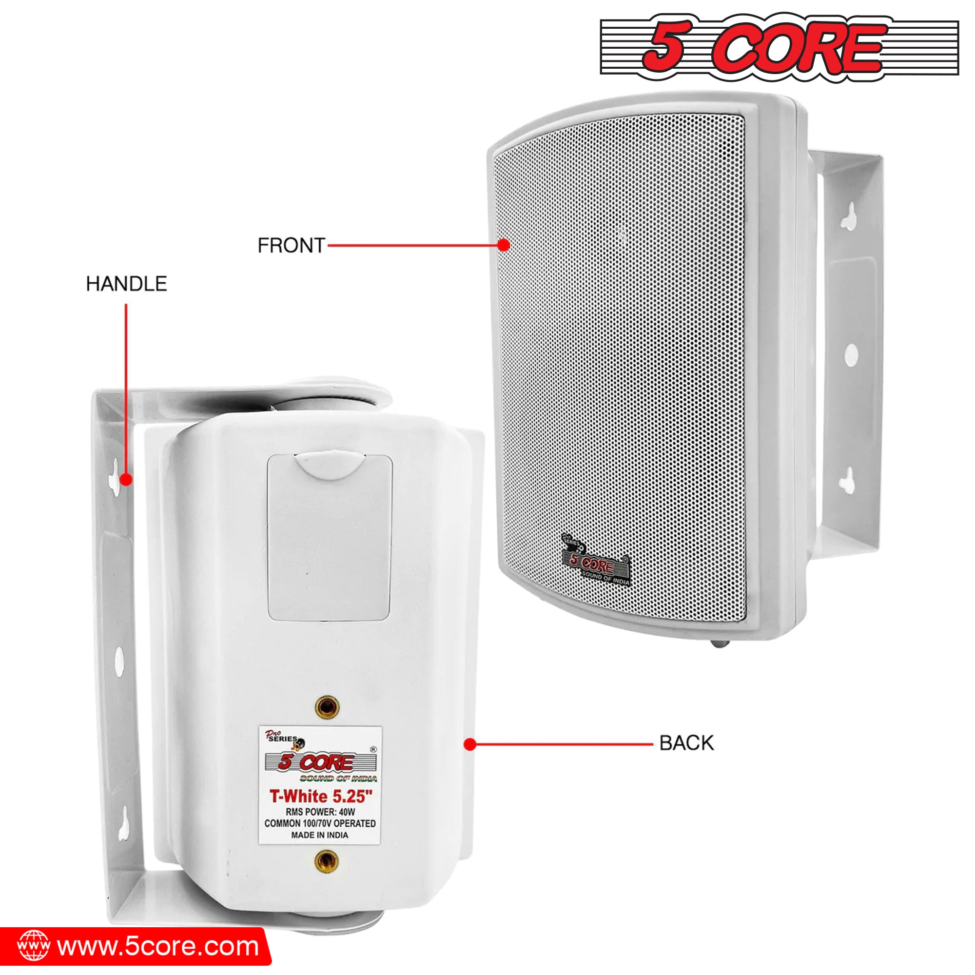 5 Core Wall Speaker System 2Pack 2 Way 400W PMPO • Heavy Duty Waterproof 5.25" Wall Mount Speakers.