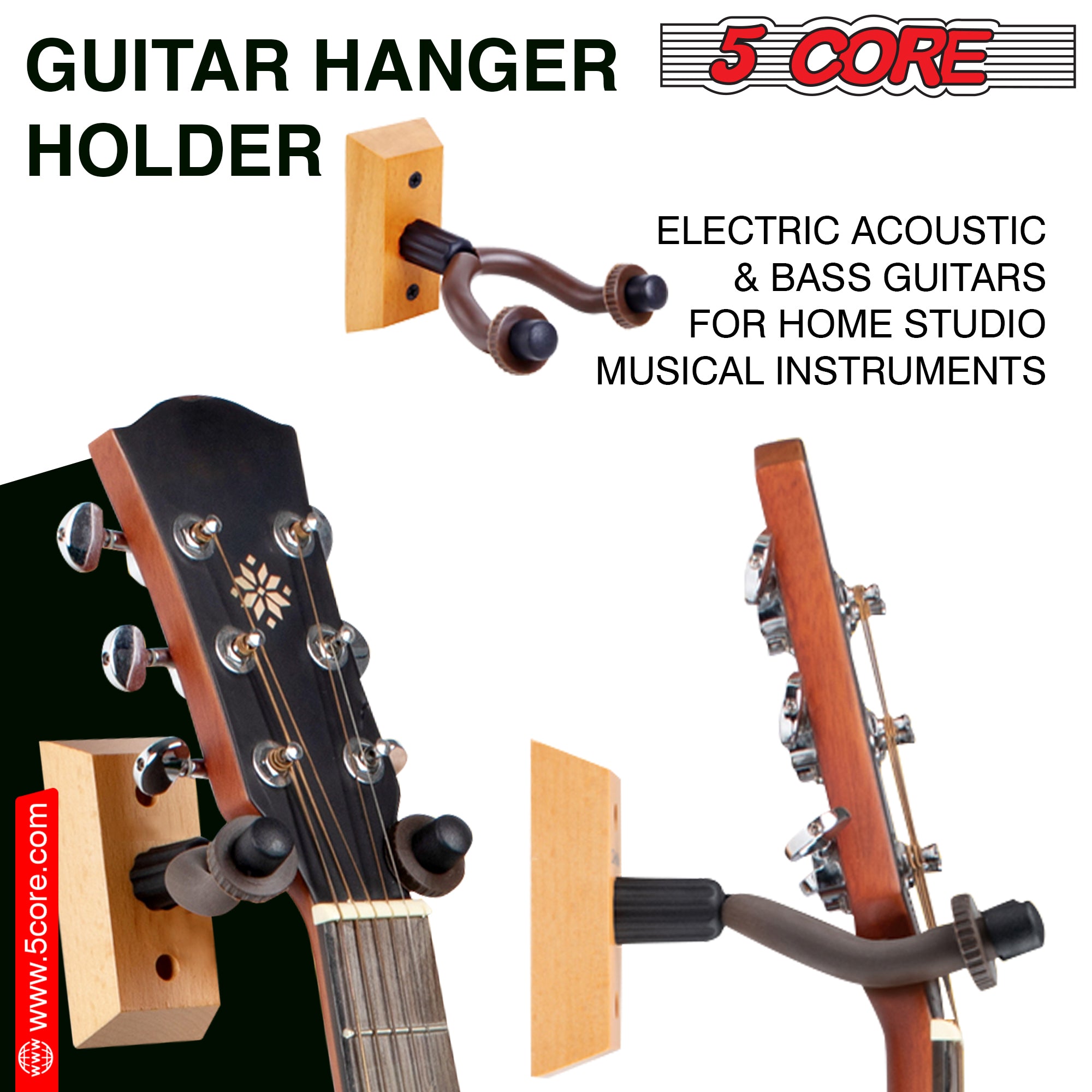 5 Core Guitar Hanger Holder - Electric Acoustic & Bass Guitars for Home Studio Musical Instruments - Wall Mount with Accessories (Wooden 2 Pieces) - GH WD 2PCS