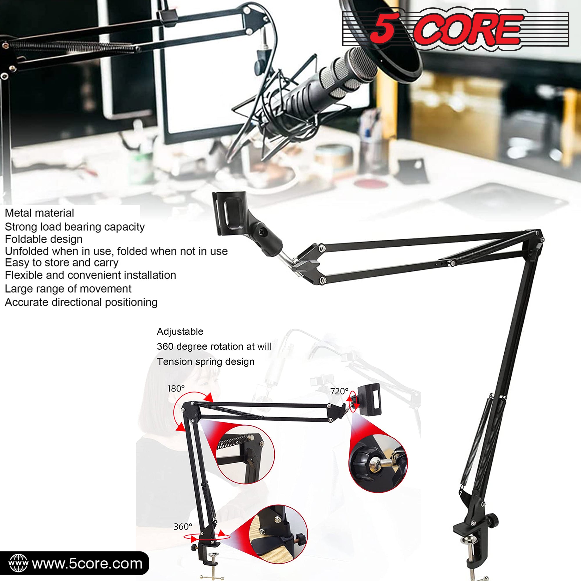 5 Core Microphone Arm Desktop Stand • Heavy Duty Adjustable Suspension Boom Scissor Arm • Load 1.5kg
