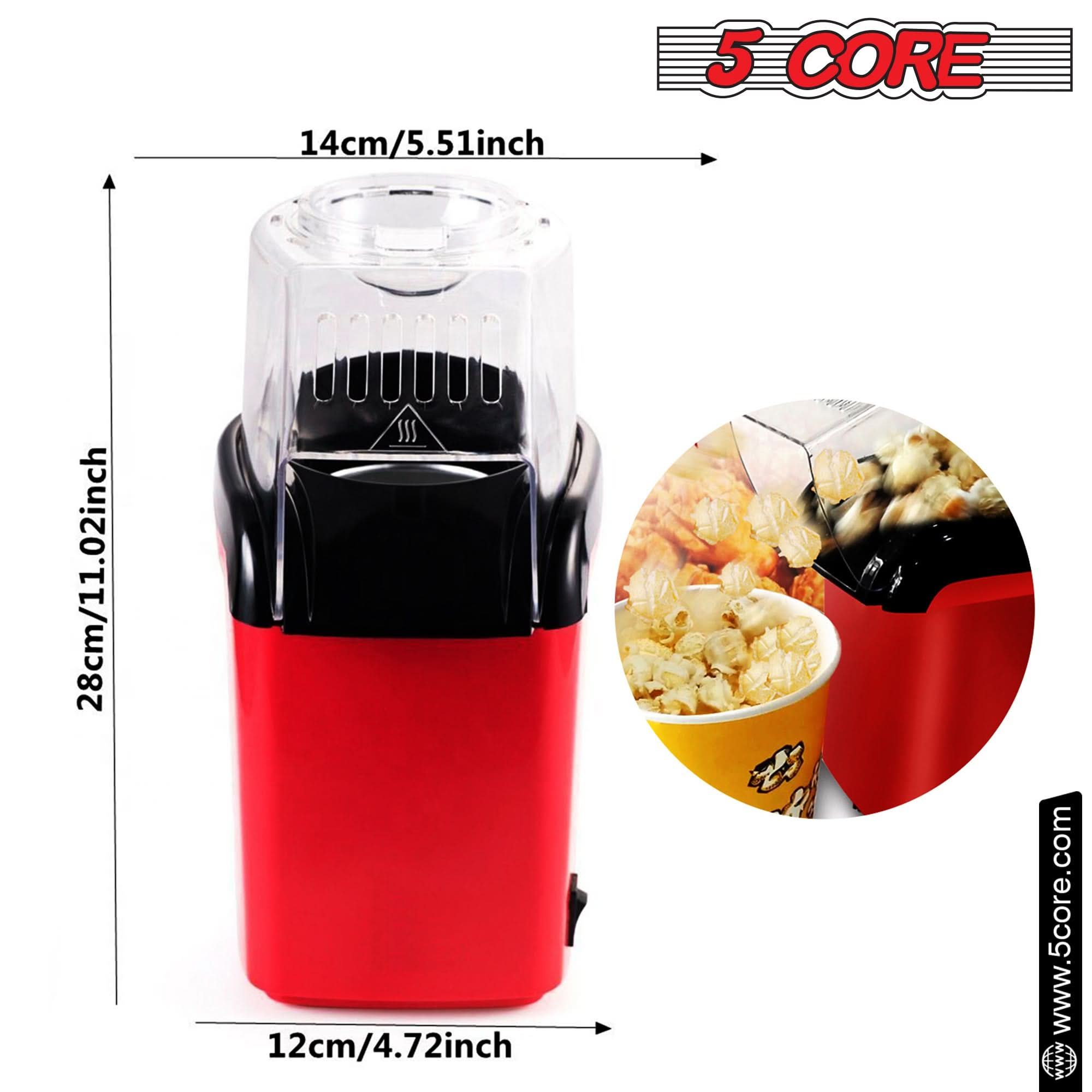 5Core Popcorn Machine 16 Cup Hot Air Popper Mini Portable Electric Pop Corn Maker RED