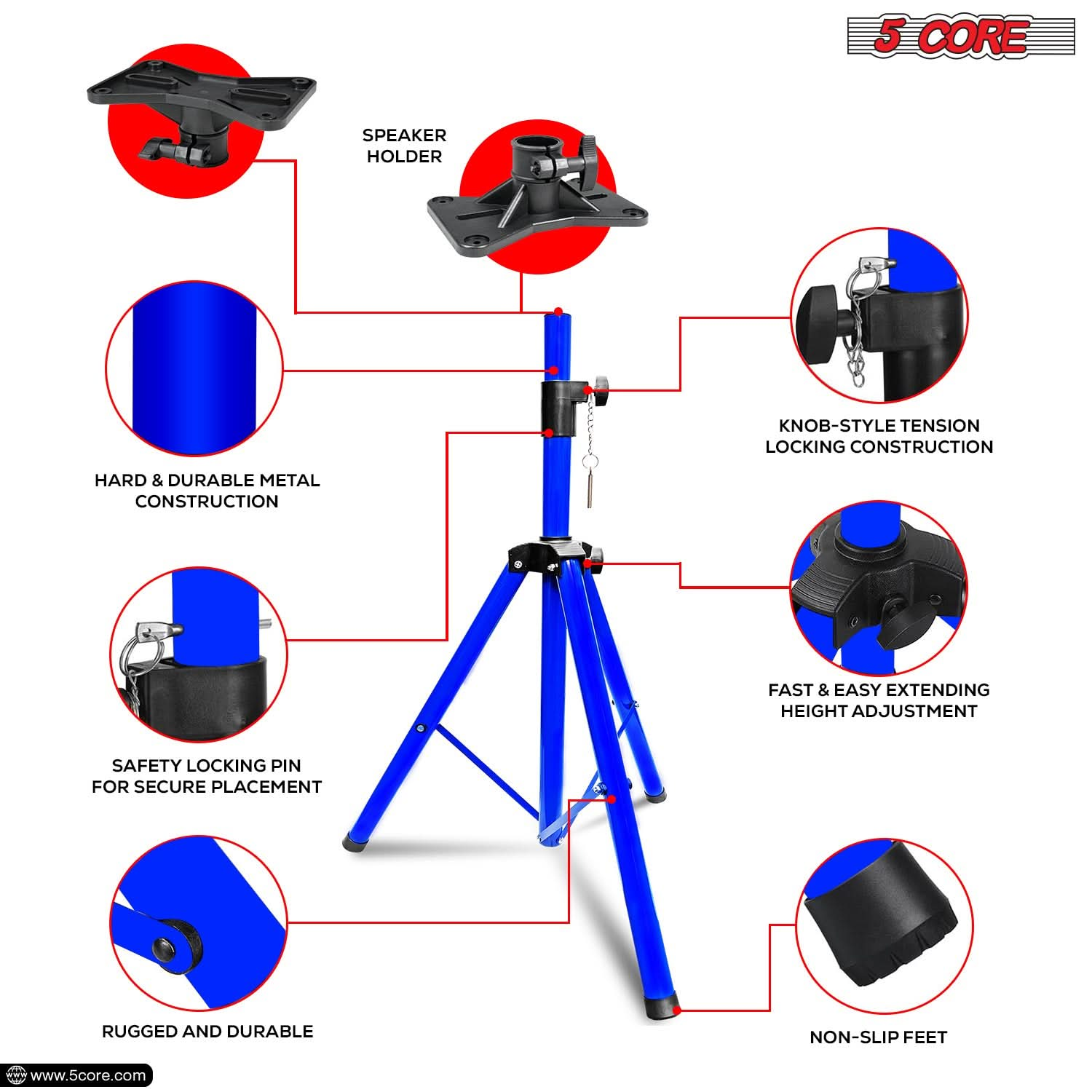 5Core Speaker Stand Tripod Tall Adjustable 72 Inch DJ Pole Mount Studio Monitor Stands BLUE